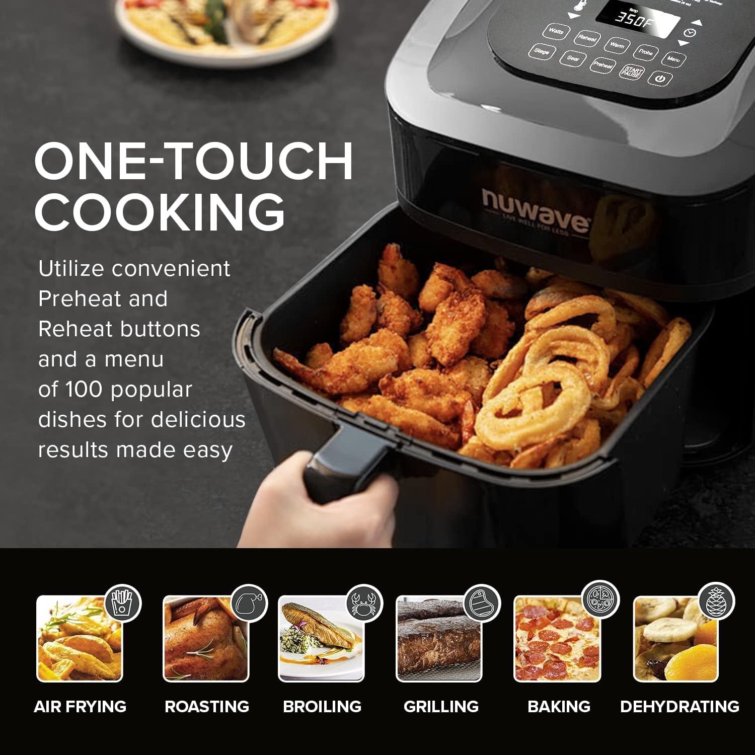 Brio 8-Qt Air Fryer, Powerful 1800W, Easy-To-Read Cool White Display, 50°-400°F Temp Controls, 100 Pre-Programmed Presets & 50 Memory Slots, Integrated Smart Thermometer, Linear T Technology
