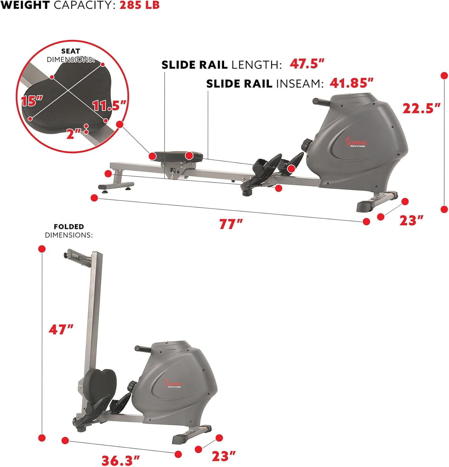 Magnetic Rowing Machine for Home Exercise, Quiet & Smooth Rower with Compact Storage and Optional Free Sunnyfit App Connectivity