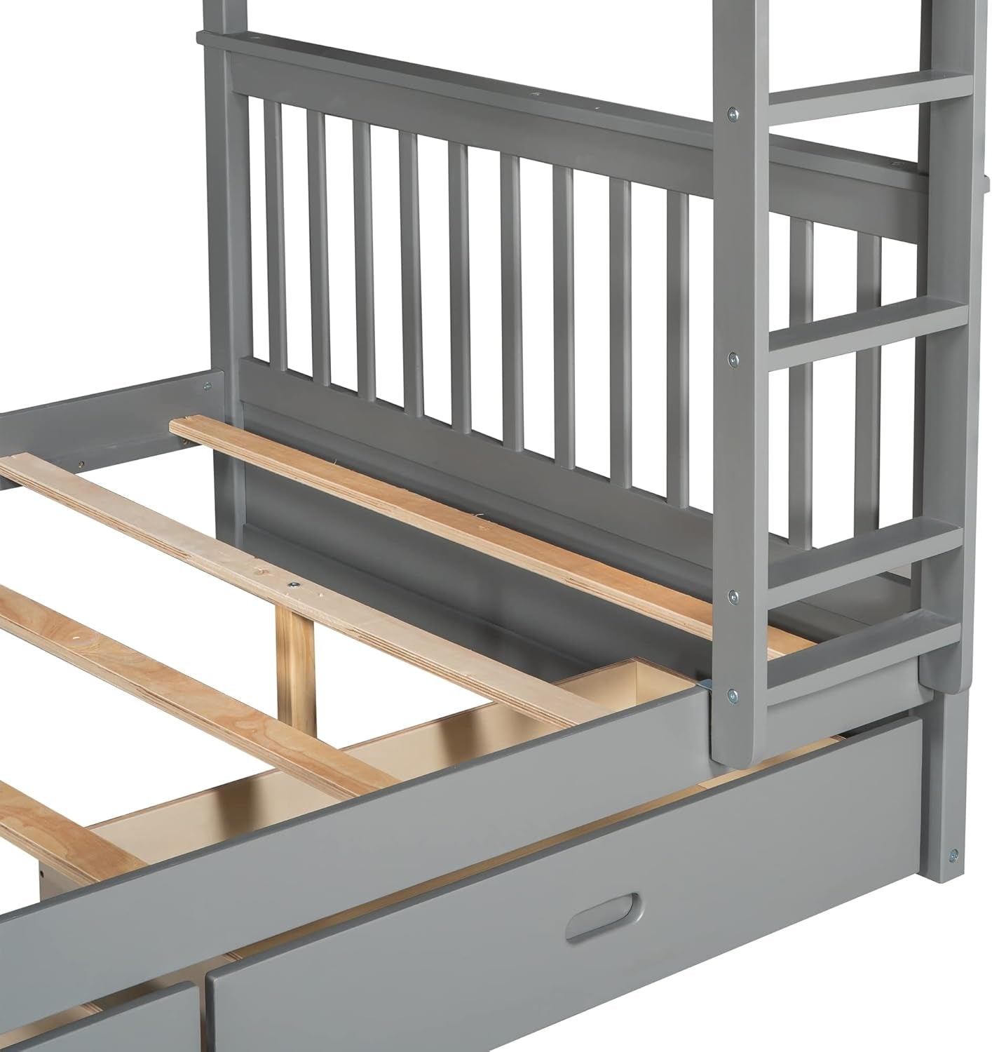 Wood Bunk Bed with Drawers,Convertible Wood Bunk Bed with Ladders and Two Storage Drawers,Solid Wood Detachable Bunk Bed Frame with Ladders,Full over Full,Grey
