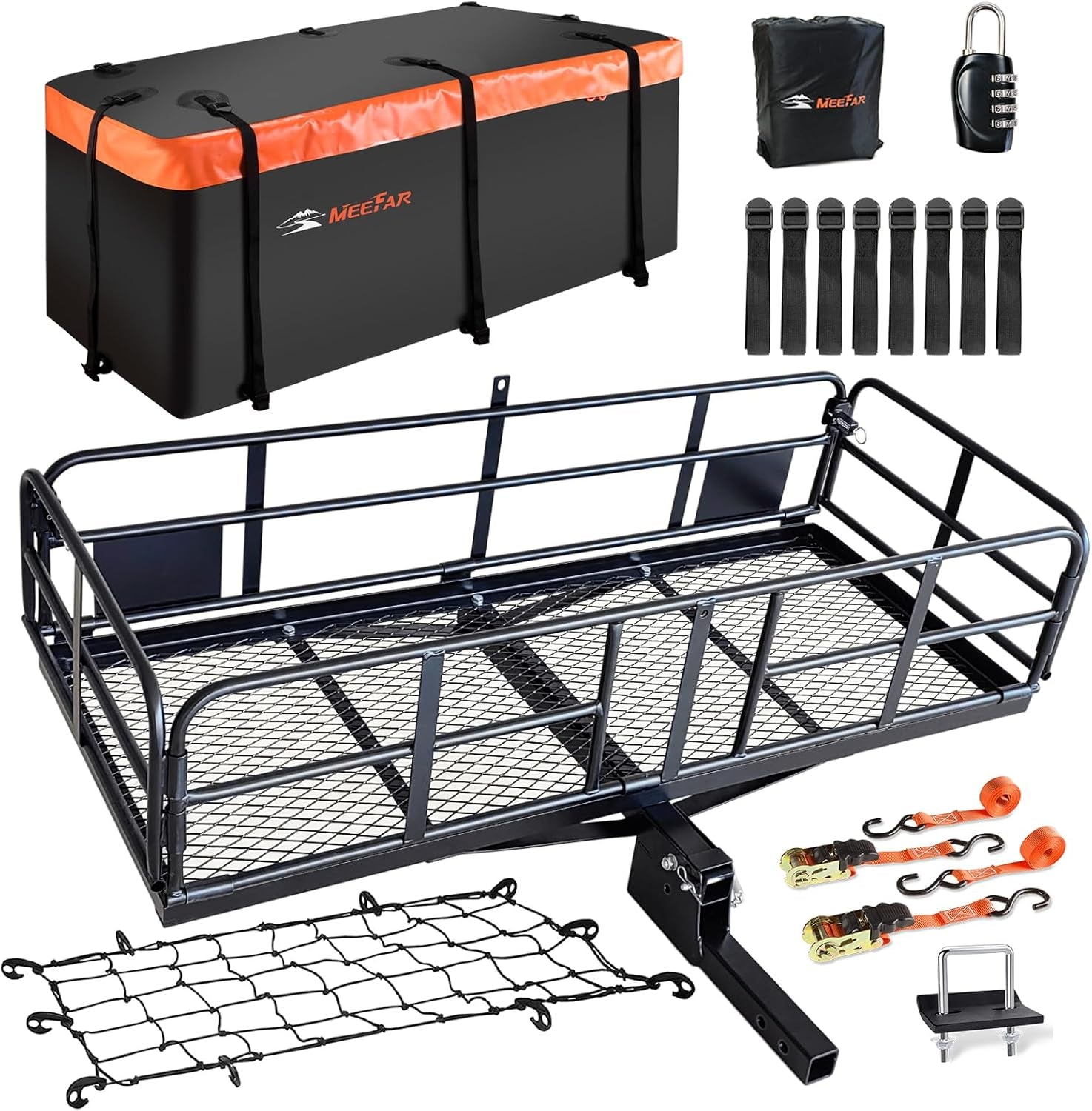 High Rail Trailer Folding Hitch Mount Cargo Carrier Basket 60" X 24" X 14"+Waterproof Cargo Bag 20 Cu Ft(59" 24" 24"), Capacity of 500 Lbs with Hitch Stabilizer, Net, Lock and Straps