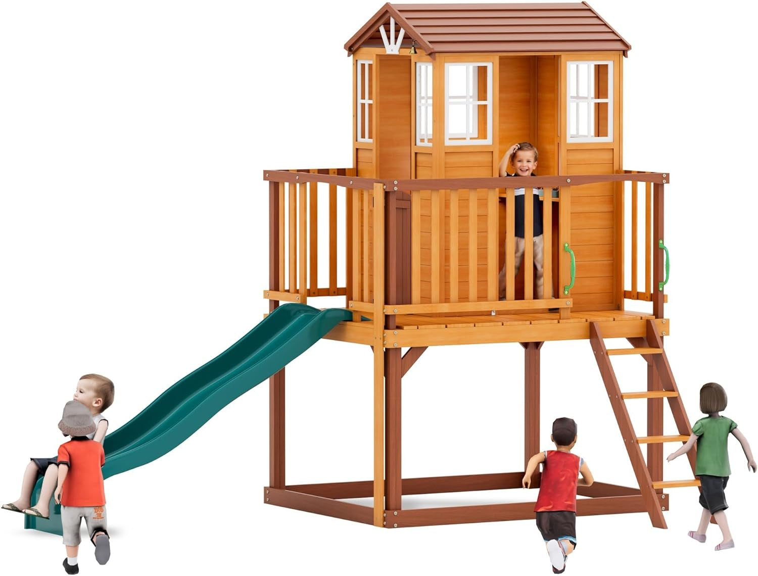 Kids Outdoor Playhouse, Cedar Wooden Outdoor Play House with Growth Chart,Interactive Play Kitchen,Wave Slide,Installation Manual and Videos Included