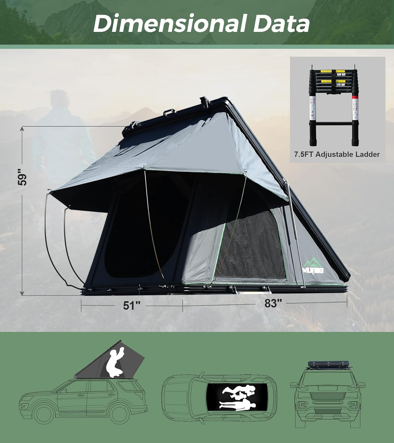 Rooftop Tent Hard Shell Roof Top Tent Hardshell Suitable for Jeep SUV Truck Van, 2-3 Person, Gray