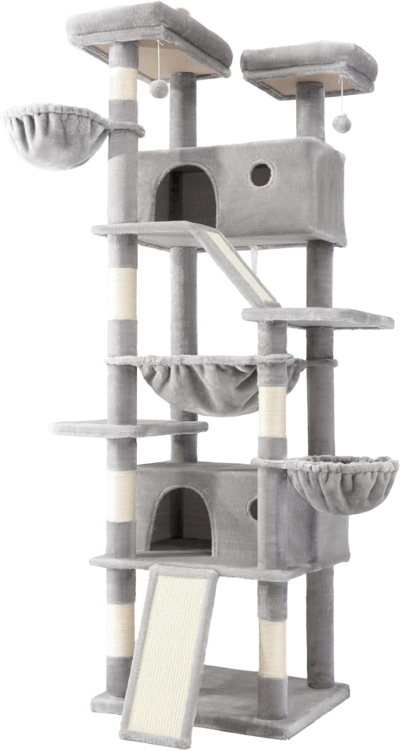 81In Multi-Level Tall Cat Tree Tower for Indoor Kitties/Larger Cat Condo Furniture with Hammock/Cozy Pussycat Perches/Sisal Scratching Posts/Pet House/Wide Base/Grey