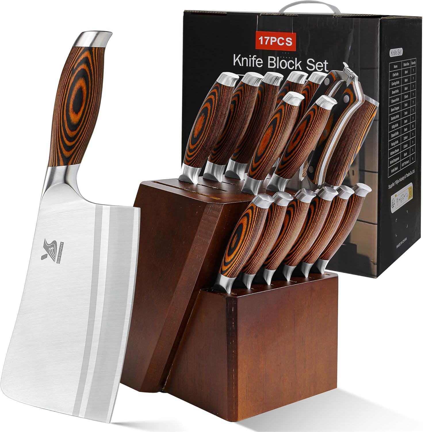 Knife Block Set 17-Piece Knife Set with Wooden Block - German Steel Perfect Cutlery Set Gift