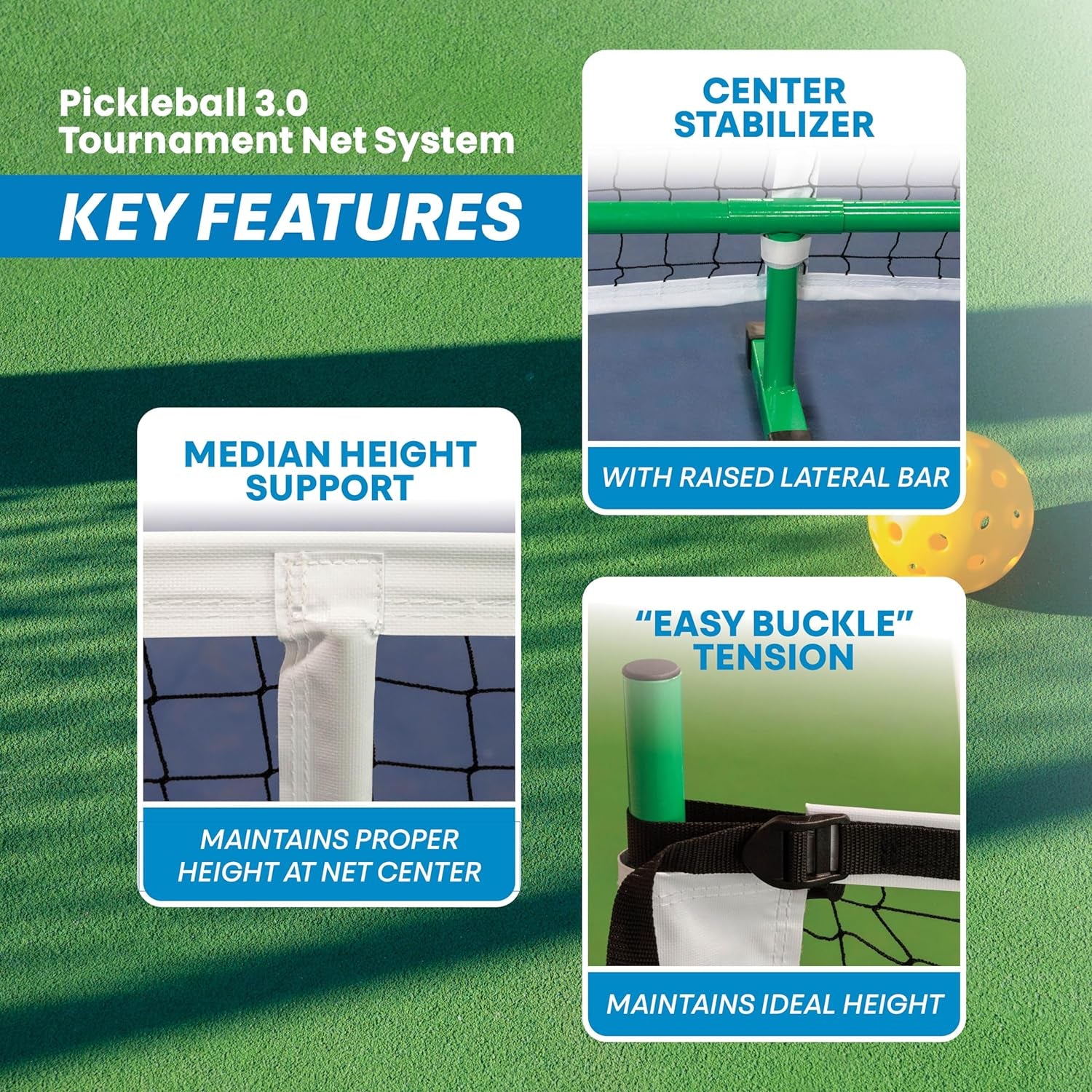 Pickleball 3.0 Tournament Net - Portable Lightweight Steel Construction for Outdoor Play - Durable Pickleball Net for Competitive and Recreational Use - Meets Tournament Net Regulation