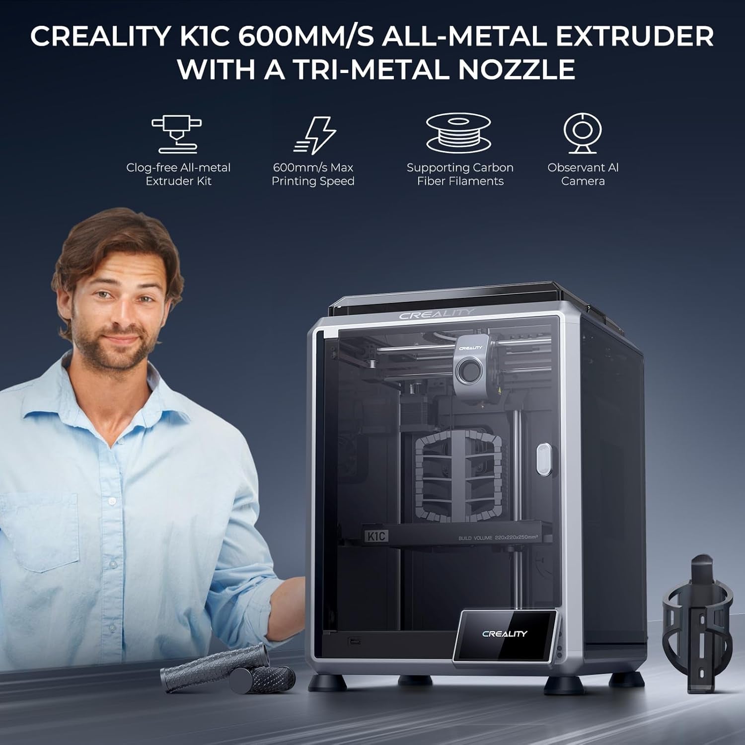 K1C 3D Printer, 2024 New Version 3D Printers with 600Mm/S Fast Printing Speed and Clog-Free Direct Extruder, Support 300℃ Printing and Carbon Fiber Filaments, Auto Leveling and AI Camera