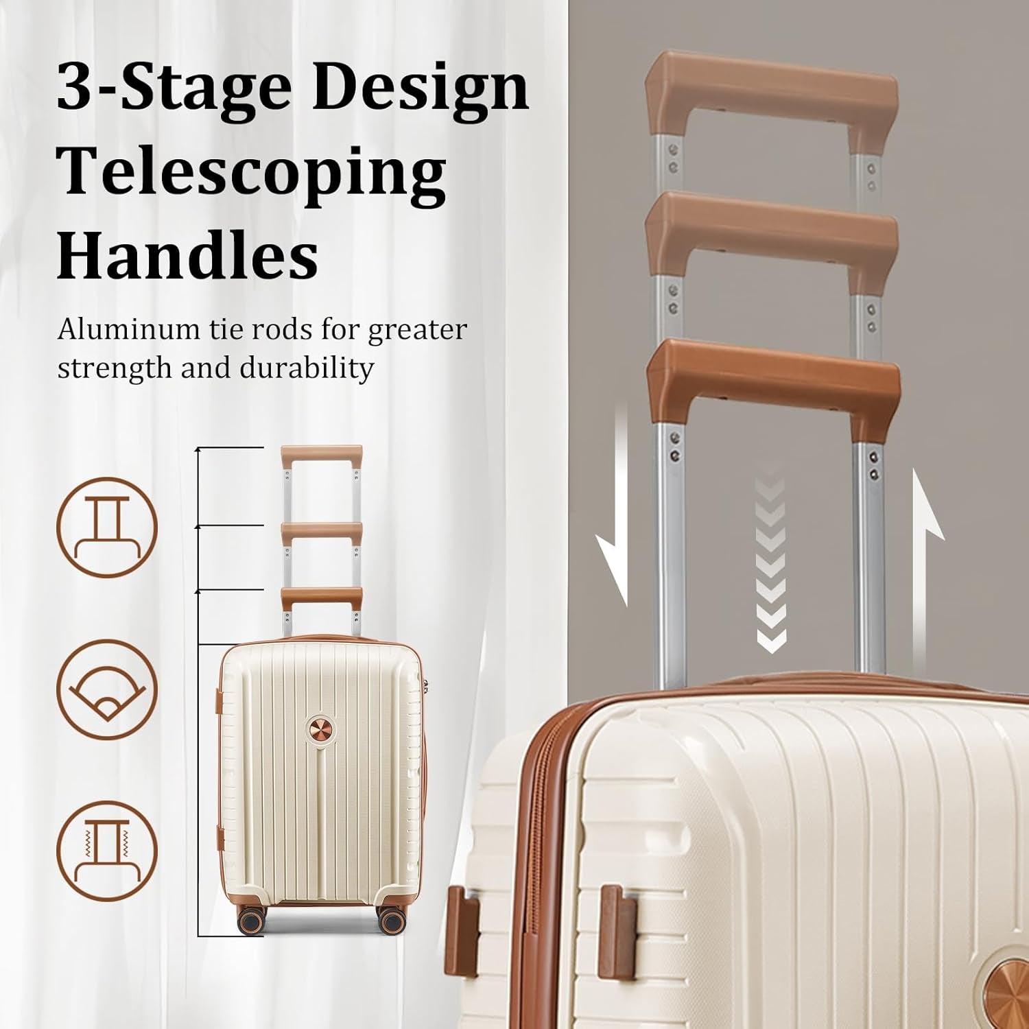 Luggage Sets 5 Piece PP Hardshell Carry on Suitcase, Travel Lightweight Carry-On with Double Spinner Wheels and TSA Lock, Beige Brown