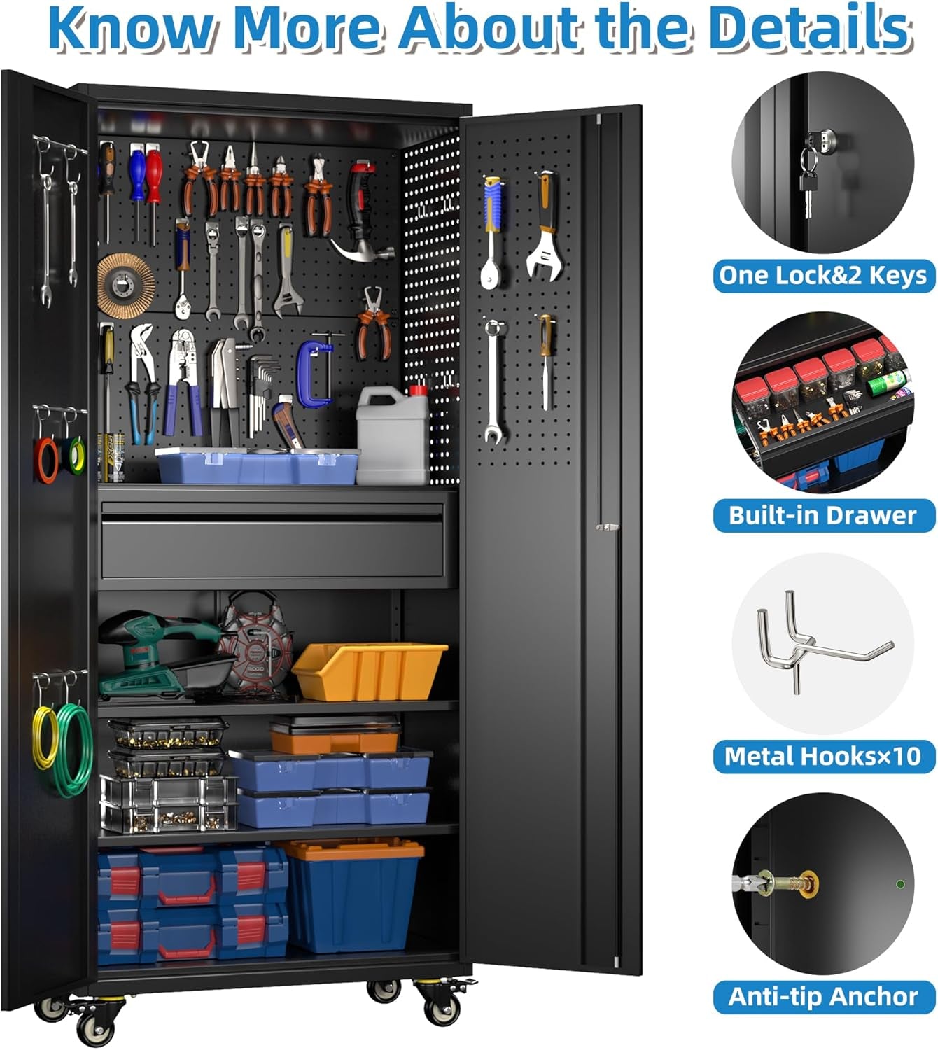 Metal Storage Cabinet with Wheels, Steel Storage Cabinet with 1 Drawer and 2 Adjustable Shelves for Homes, Offices, Kitchens, Schools and Pantries