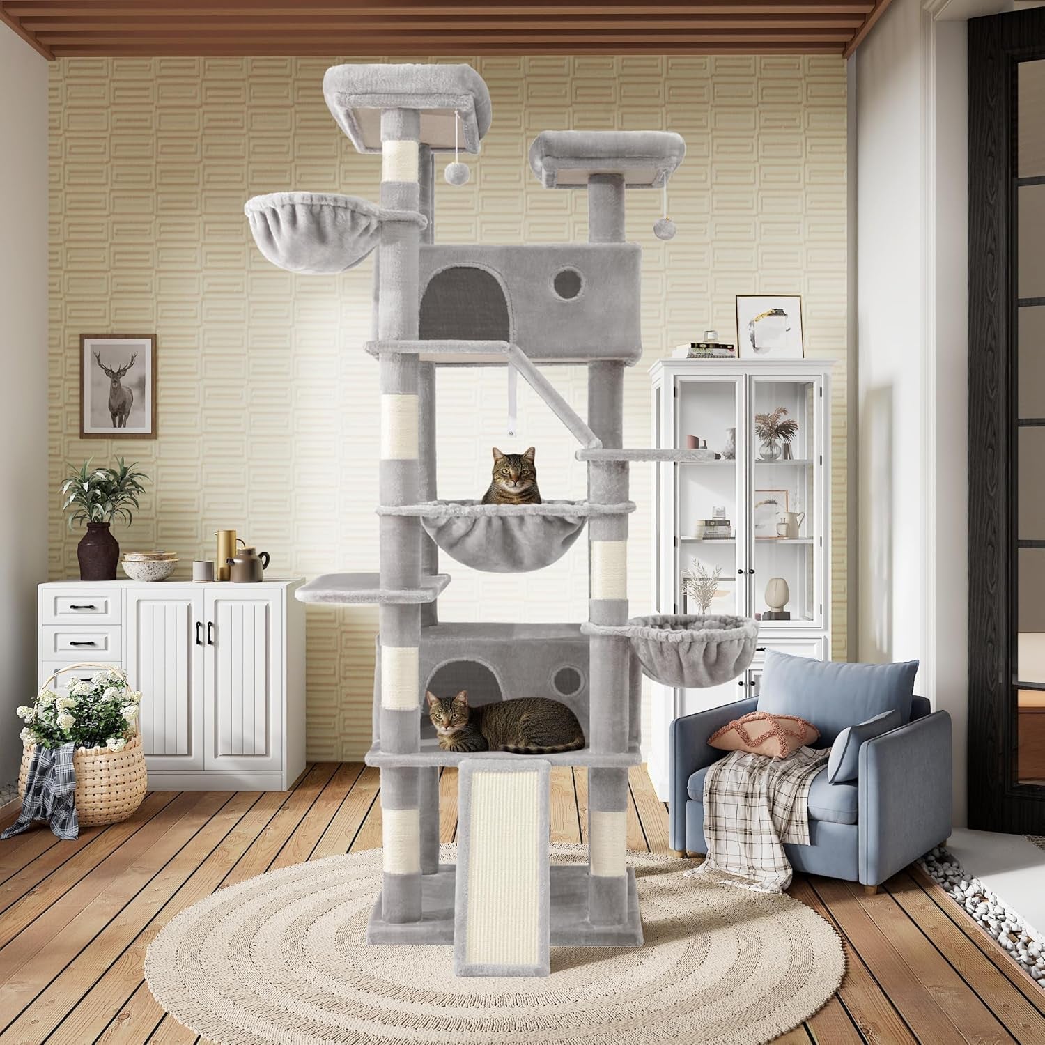 81In Multi-Level Tall Cat Tree Tower for Indoor Kitties/Larger Cat Condo Furniture with Hammock/Cozy Pussycat Perches/Sisal Scratching Posts/Pet House/Wide Base/Grey