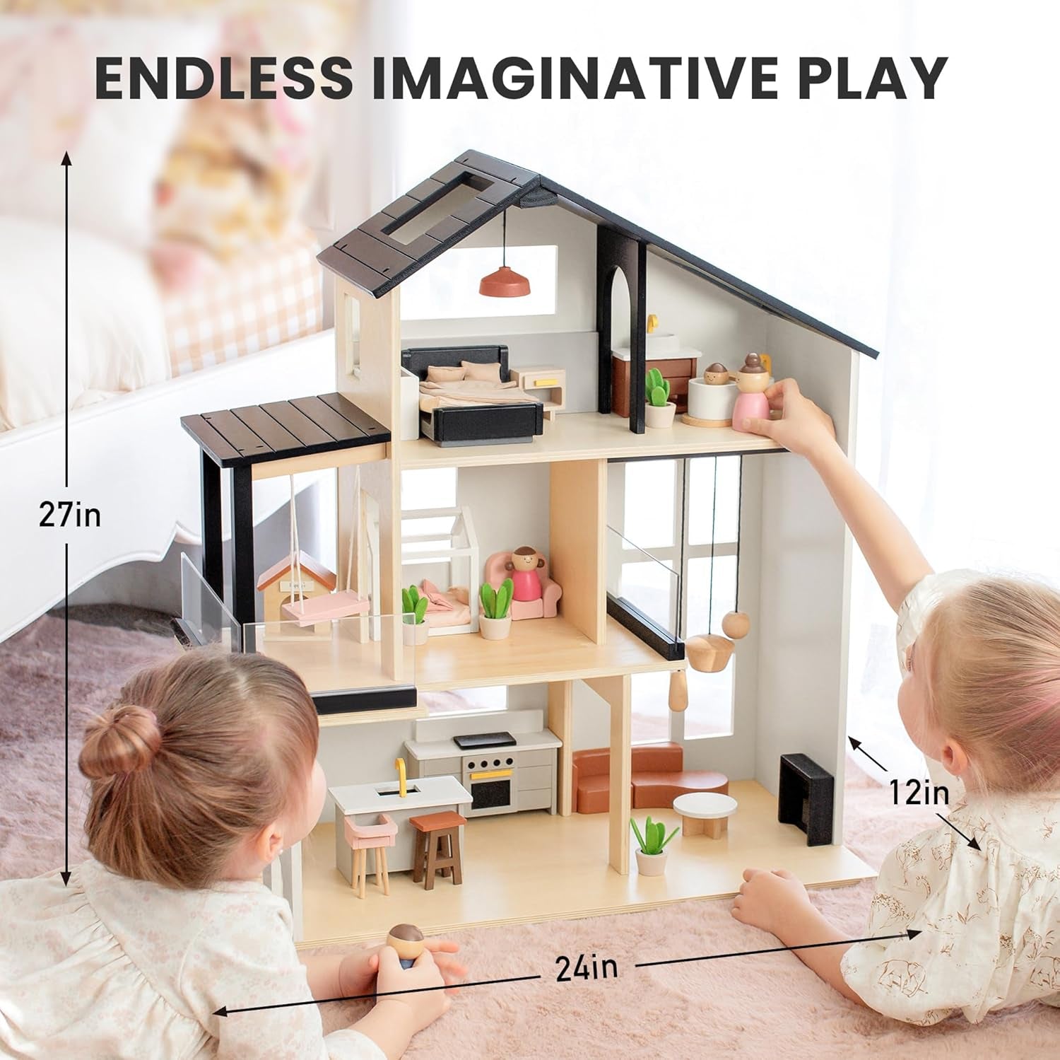 Doll House, Modern Family Dollhouse with Realistic Design, Wooden Dollhouse with 53Pcs Furniture - Ideal Gift for Kids Ages 3+