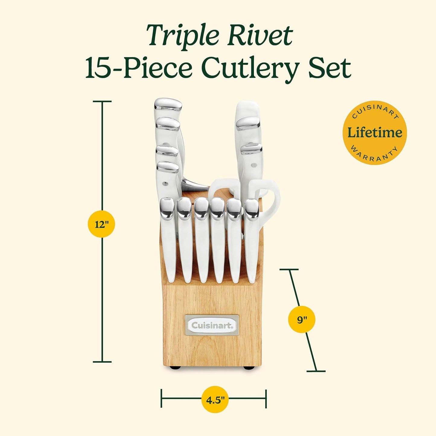 15-Piece Knife Set with Block, High Carbon Stainless Steel, Forged Triple Rivet, White, C77WTR-15P