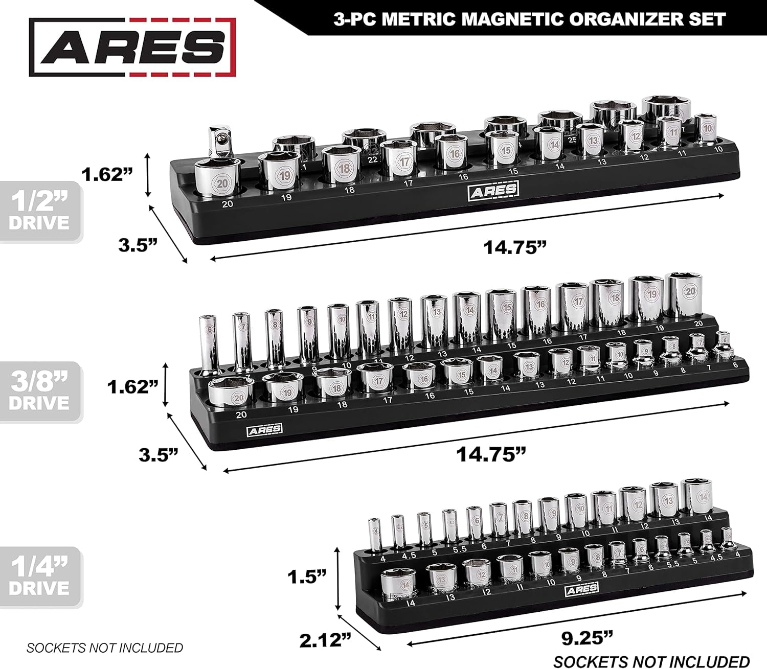60034-3-Piece Black Metric Magnetic Socket Organizer Set - Includes 1/4-Inch, 3/8-Inch, and 1/2-Inch Socket Holders - Holds Standard Size and Deep Size Sockets - Keeps Your Tool Box Organized