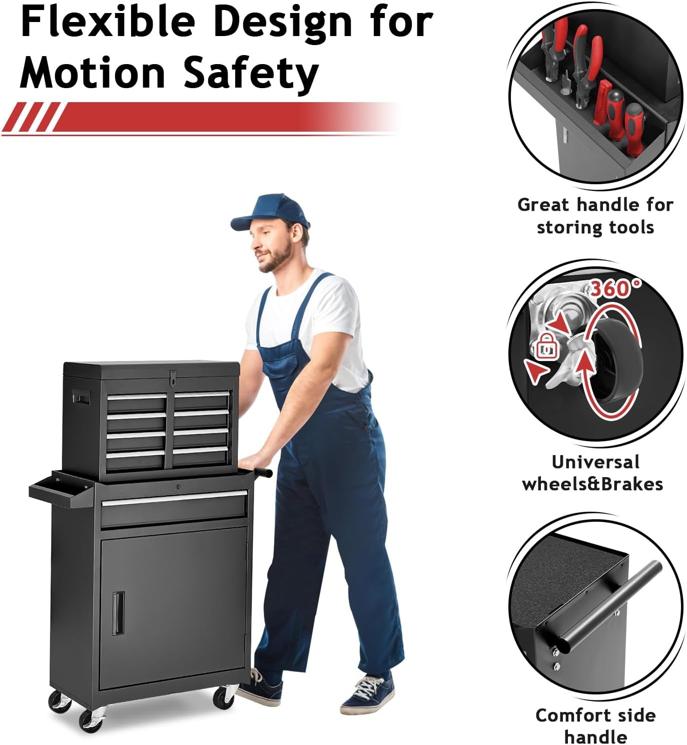 Tool Chest,5-Drawer Rolling Tool Storage Cabinet with Enhanced Packaging, Detachable Top Tool Box, Metal Tool Cart for Garage Workshop,Black, ATC001BK