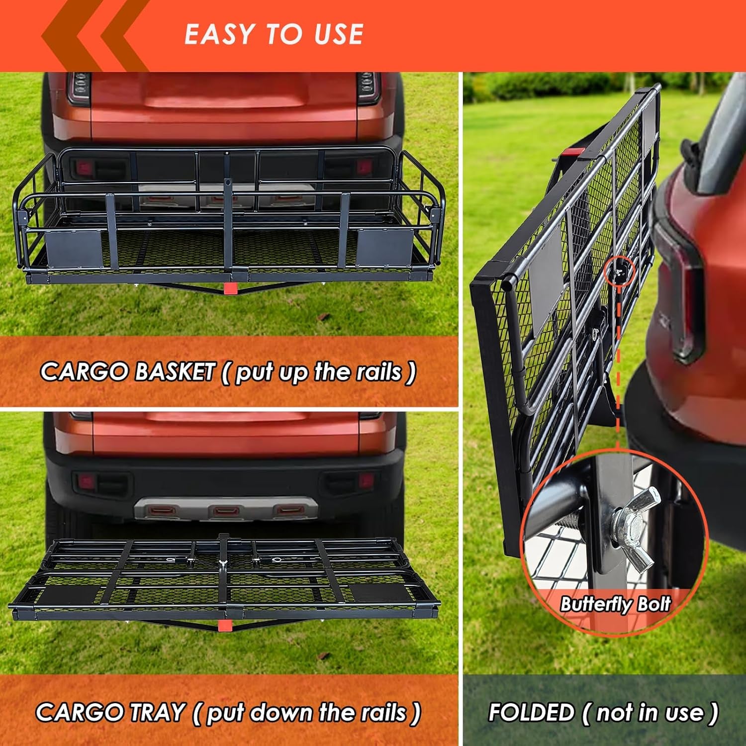 High Rail Trailer Folding Hitch Mount Cargo Carrier Basket 60" X 24" X 14"+Waterproof Cargo Bag 20 Cu Ft(59" 24" 24"), Capacity of 500 Lbs with Hitch Stabilizer, Net, Lock and Straps