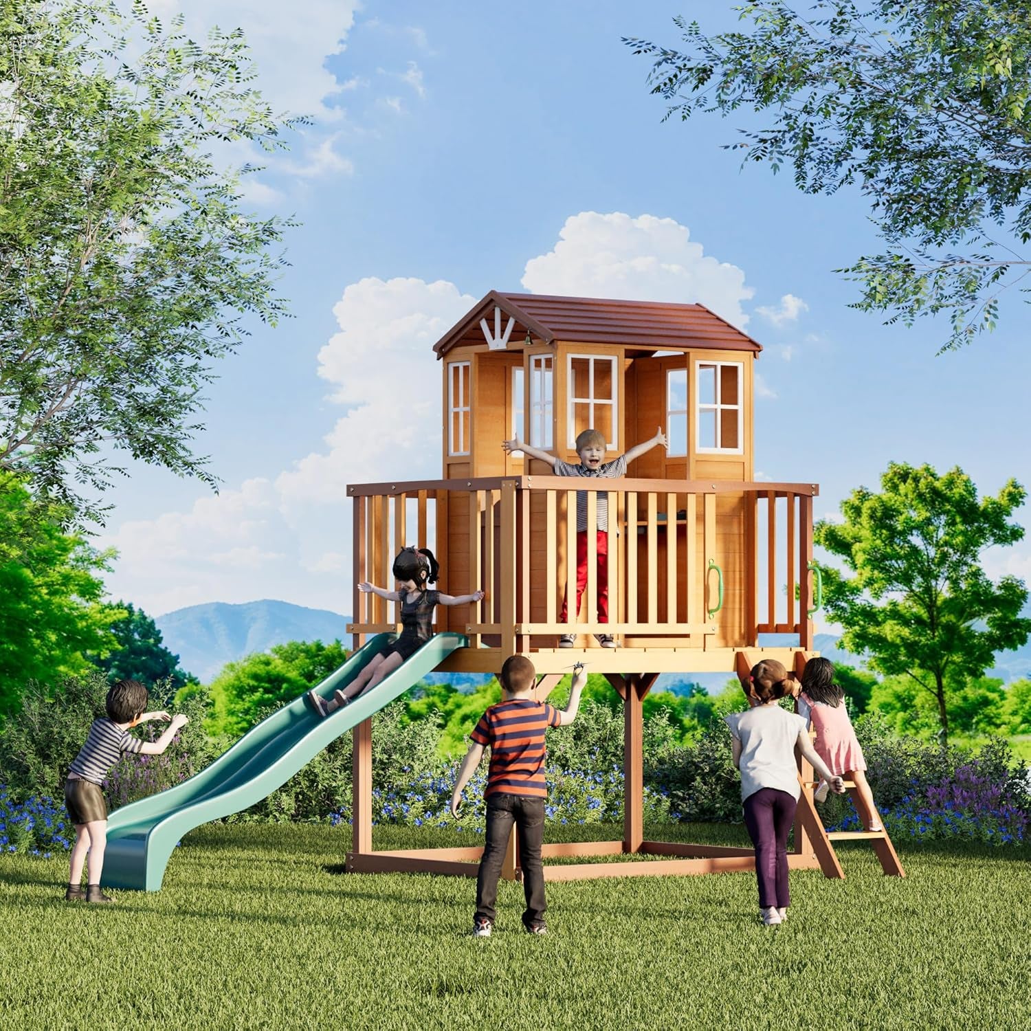 Kids Outdoor Playhouse, Cedar Wooden Outdoor Play House with Growth Chart,Interactive Play Kitchen,Wave Slide,Installation Manual and Videos Included