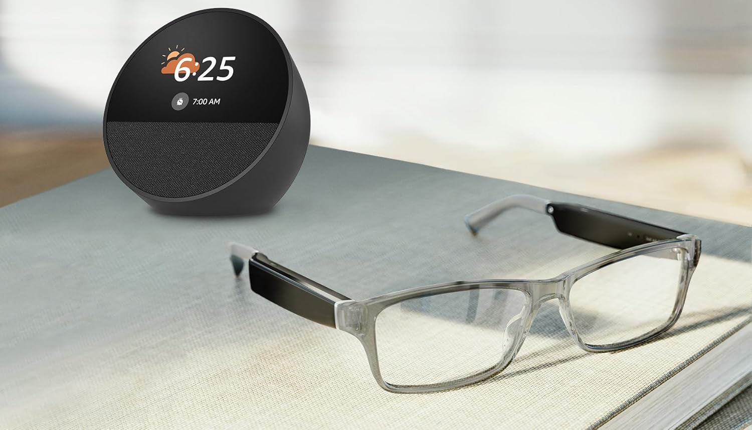 Echo Frames (Newest Model) + Echo Spot (Newest Model), Smart Glasses with Alexa, Modern Rectangle Frames in Charcoal Gray with Prescription Ready Lenses