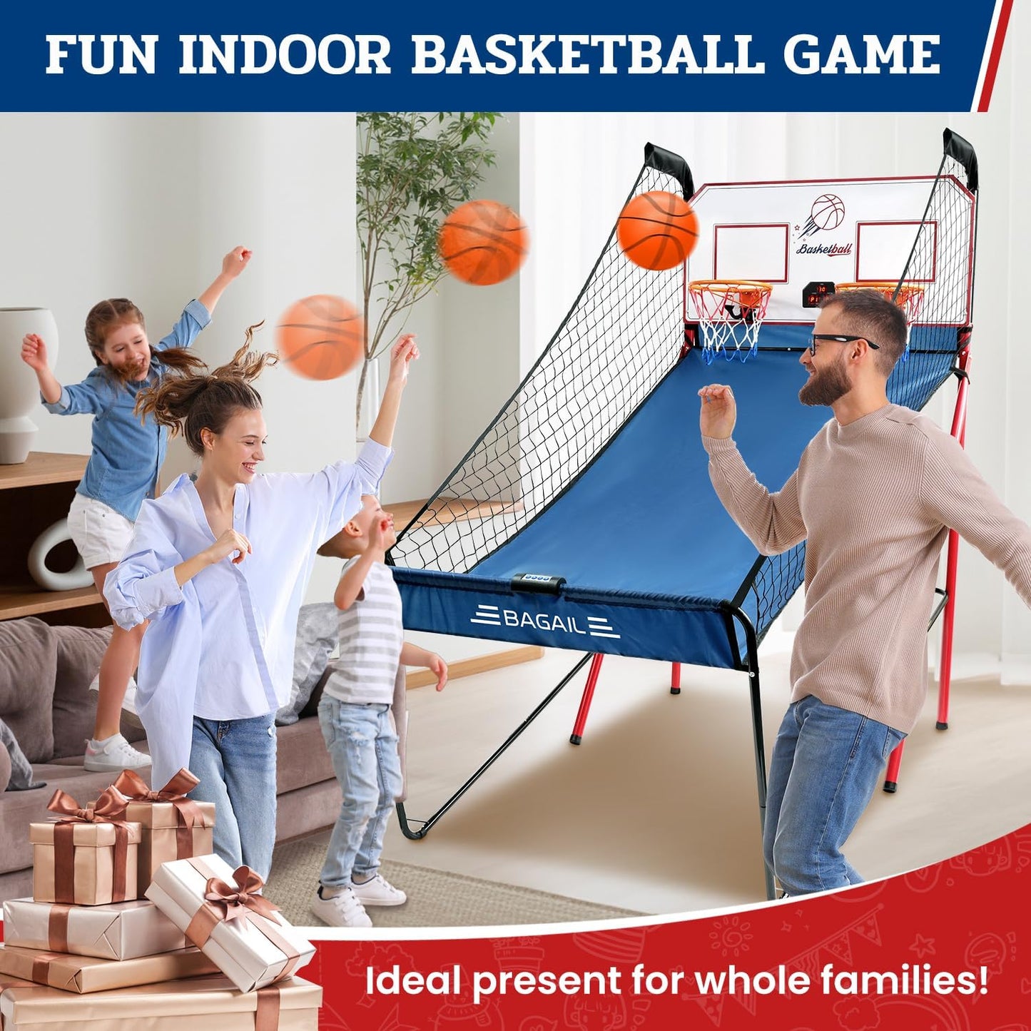 Basketball Arcade Game, Electronic Basketball Shooting Game with 8 Game Modes, Arcade Sounds, Foldable Frame, 4 Balls, Inflation Pump, Ideal Indoor Sport Games for All Players - Dual Shots