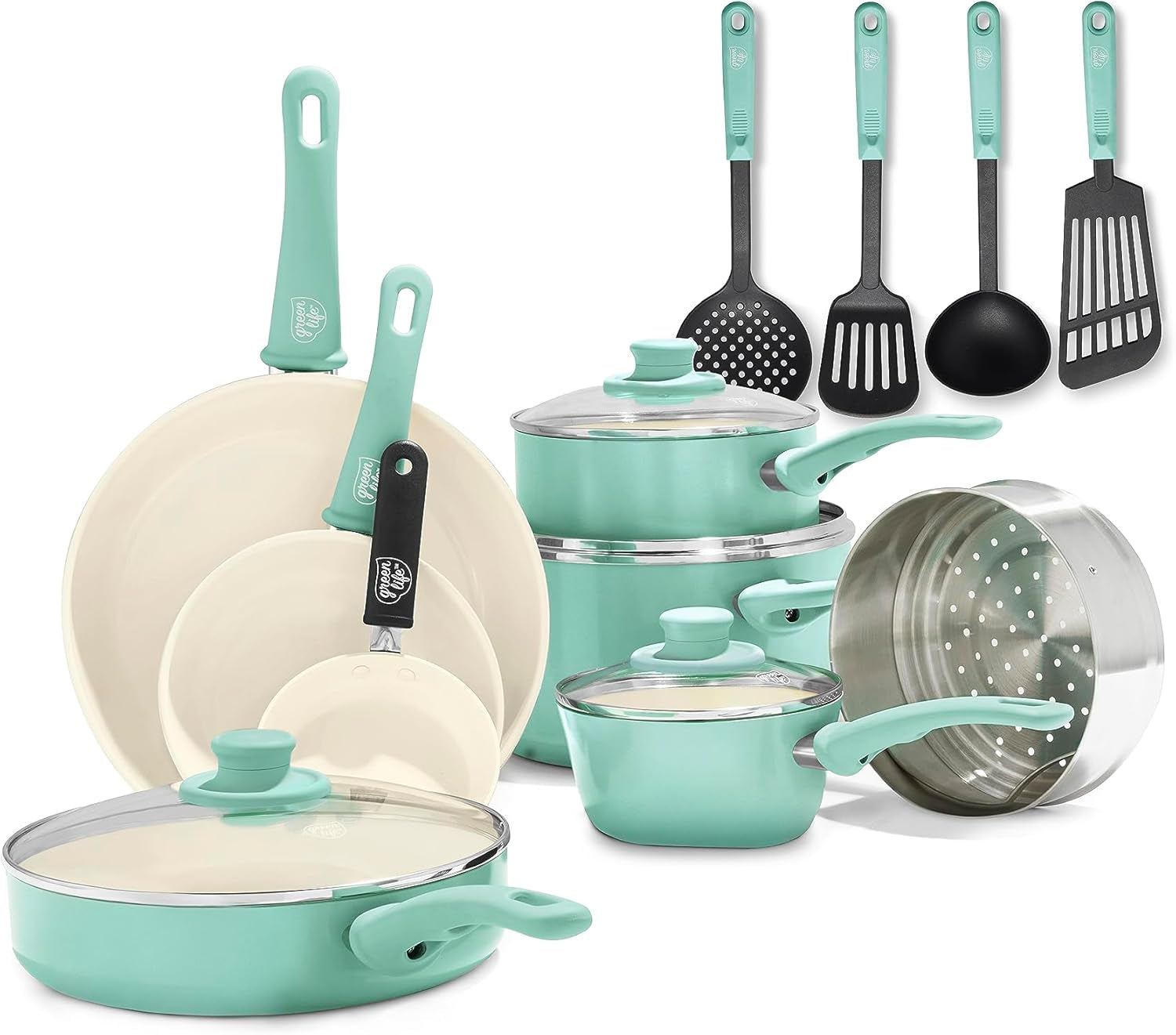 Soft Grip 16 Piece Cookware Set, Non-Toxic Pfas-Free Ceramic Nonstick, Pots, Frying, Sauce, Saute, Glass Lids, Stay-Cool Handles, Wobble Free Bases, Dishwasher & Oven Safe, Turquoise