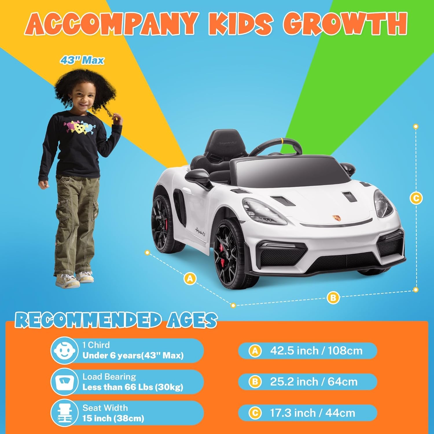 Licensed Porsche 718 Spyder RS Ride-On Electric Car for Kids with Remote Control, 12V Ride on Toys for Toddlers, Electric Power Vehicle W/Trailer Wheels, Bluetooth/Usb/Aux, LED Lights, White