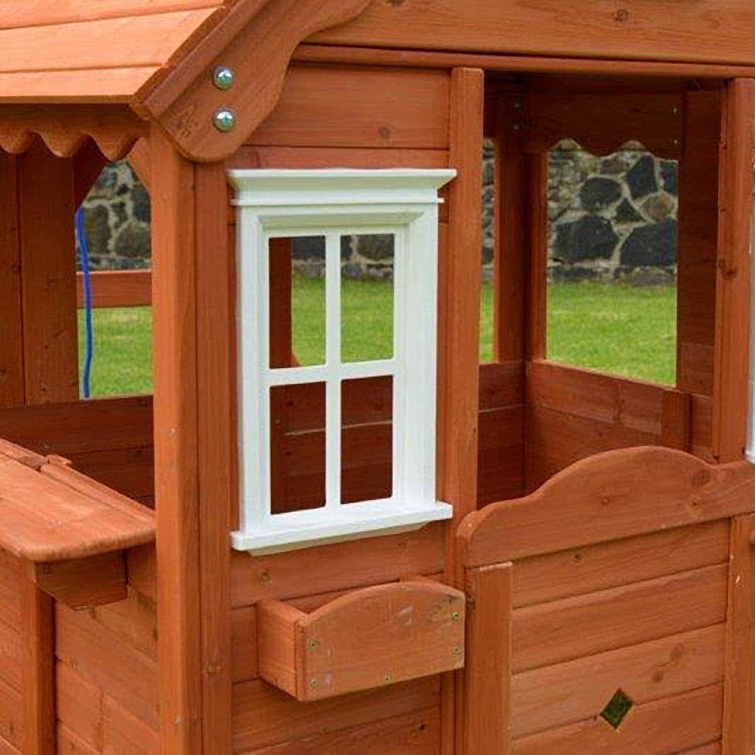 Swing N' Play Wooden Outdoor Backyard Playhouse with Swing, Picnic Bench and Flower Boxes, Brown