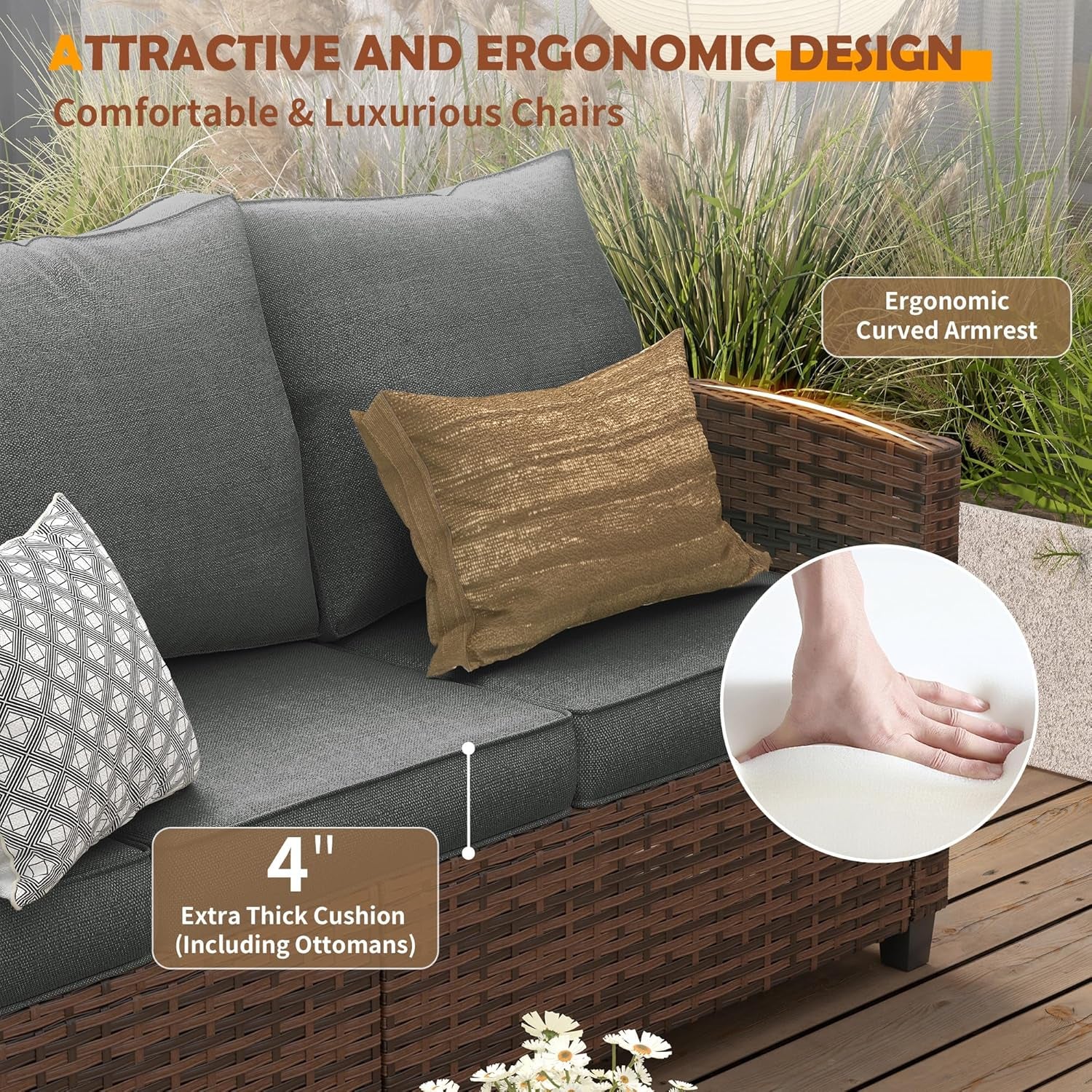 Patio Conversation Set, 5 Pieces Outdoor Furniture Set, All-Weather Wicker Rattan High Back Outdoor Sectional Sofa Set with Ottoman for Poolside, Backyard, Brown Wicker Dark Grey Cushions