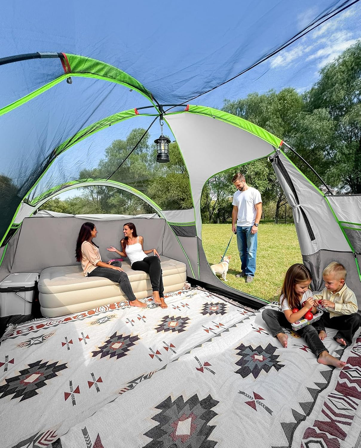 8 Person Larger Extended Dome Camping Tent with 3 Rooms, Waterproof Semi-Freestanding Family Outdoor Tent with Spacious Interior and Mesh Windows