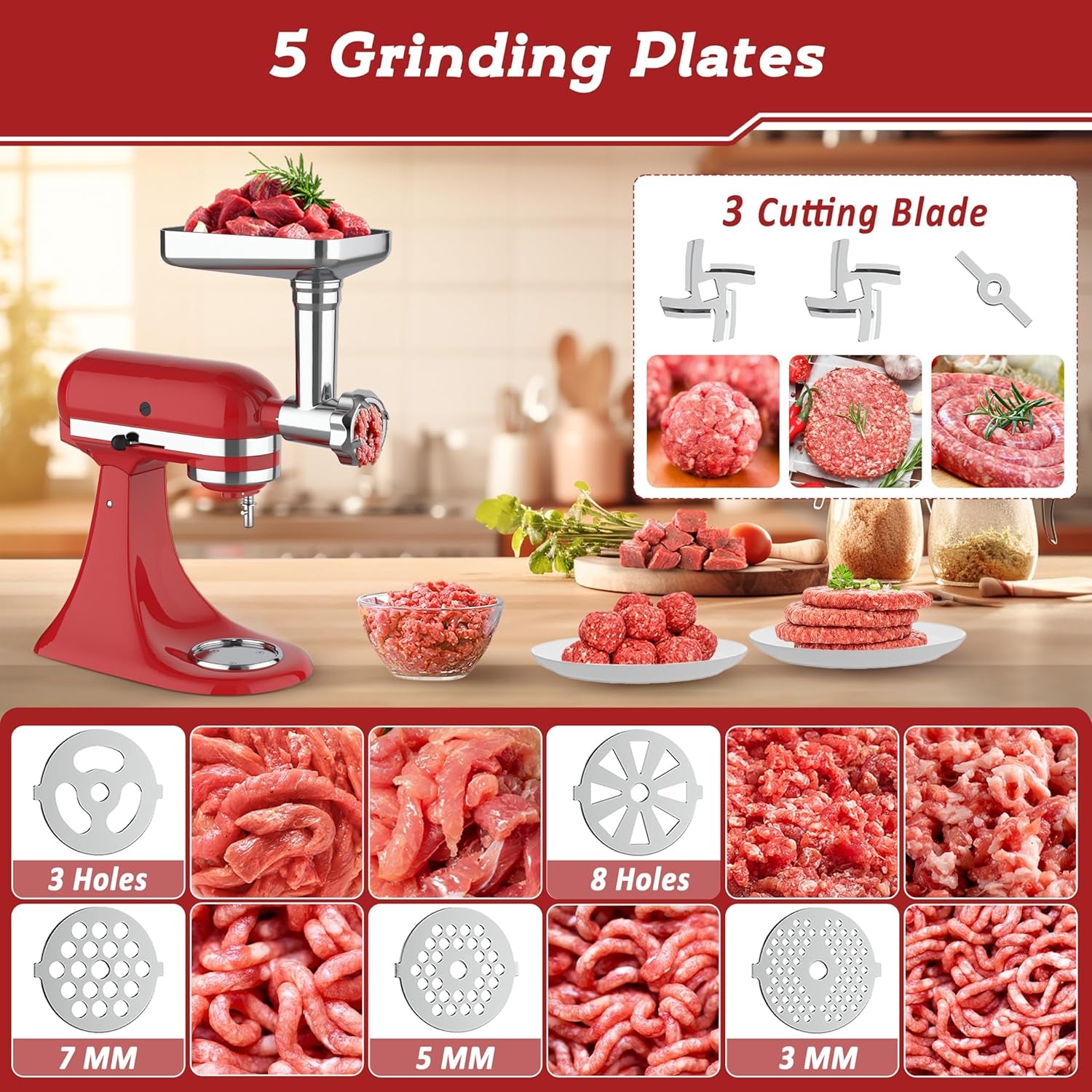 Meat Grinder & Pasta Maker Attachment for ALL Kitchenaid Stand Mixers,Kitchen Aid Mixer Accessories Includes Metal Meat Grinder with Sausage Stuffer Tubesand and Pasta Maker Attachment 3 in 1 Set