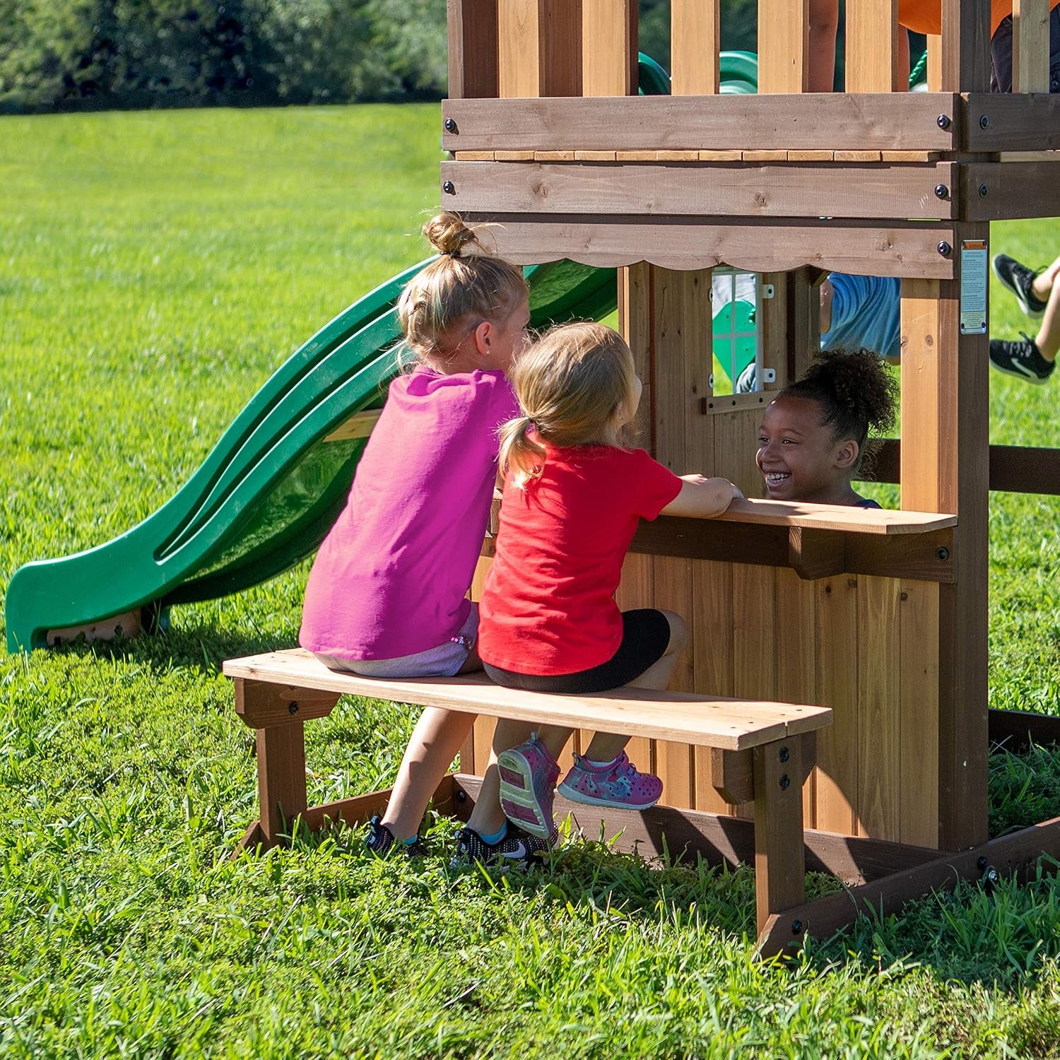 Lakewood Cedar Wood Swing Set with Wave Slide, Clubhouse, Playhouse, Snack Bar Window, Picnic Area, Belt Swings, Trapeze, Full Front Door, Windows, Step Ladder, Outdoor Playset