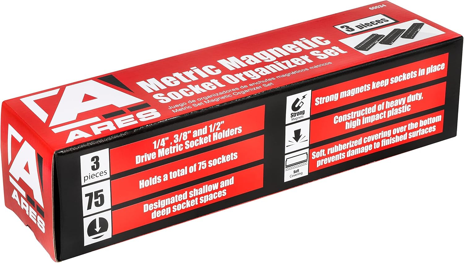 60034-3-Piece Black Metric Magnetic Socket Organizer Set - Includes 1/4-Inch, 3/8-Inch, and 1/2-Inch Socket Holders - Holds Standard Size and Deep Size Sockets - Keeps Your Tool Box Organized