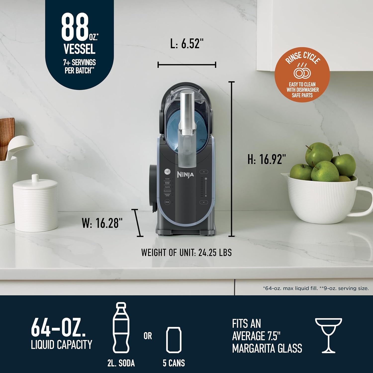 Slushi with Rapidchill Technology, 88 Oz. Frozen Drink & Slushie Machine, 5 Preset Programs, Margaritas, Frappés, and More, Premium Accents, Black, FS301