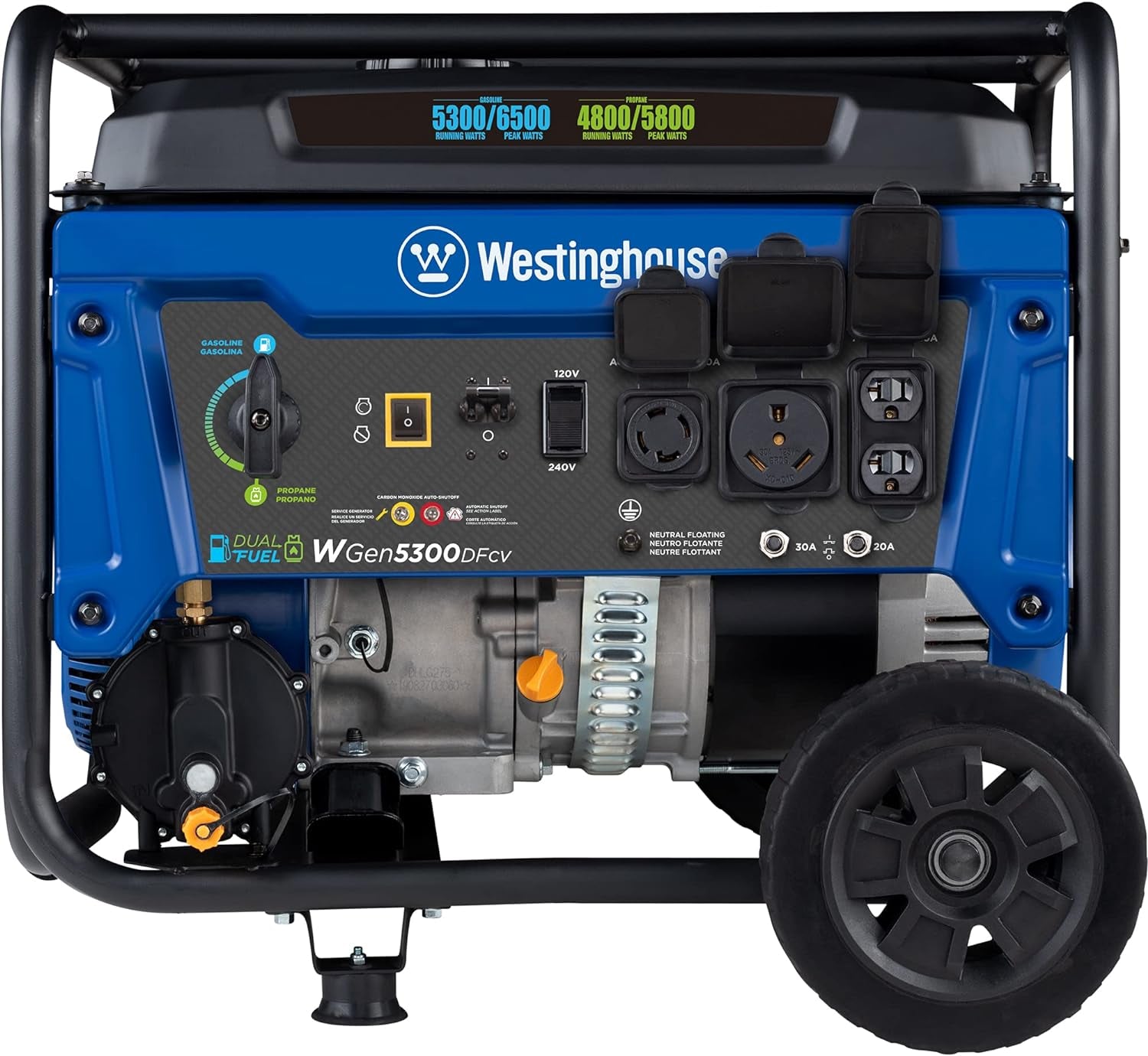 6500 Watt Dual Fuel Home Backup Portable Generator, Transfer Switch Ready 30A Outlet, RV Ready 30A Outlet, CO Sensor