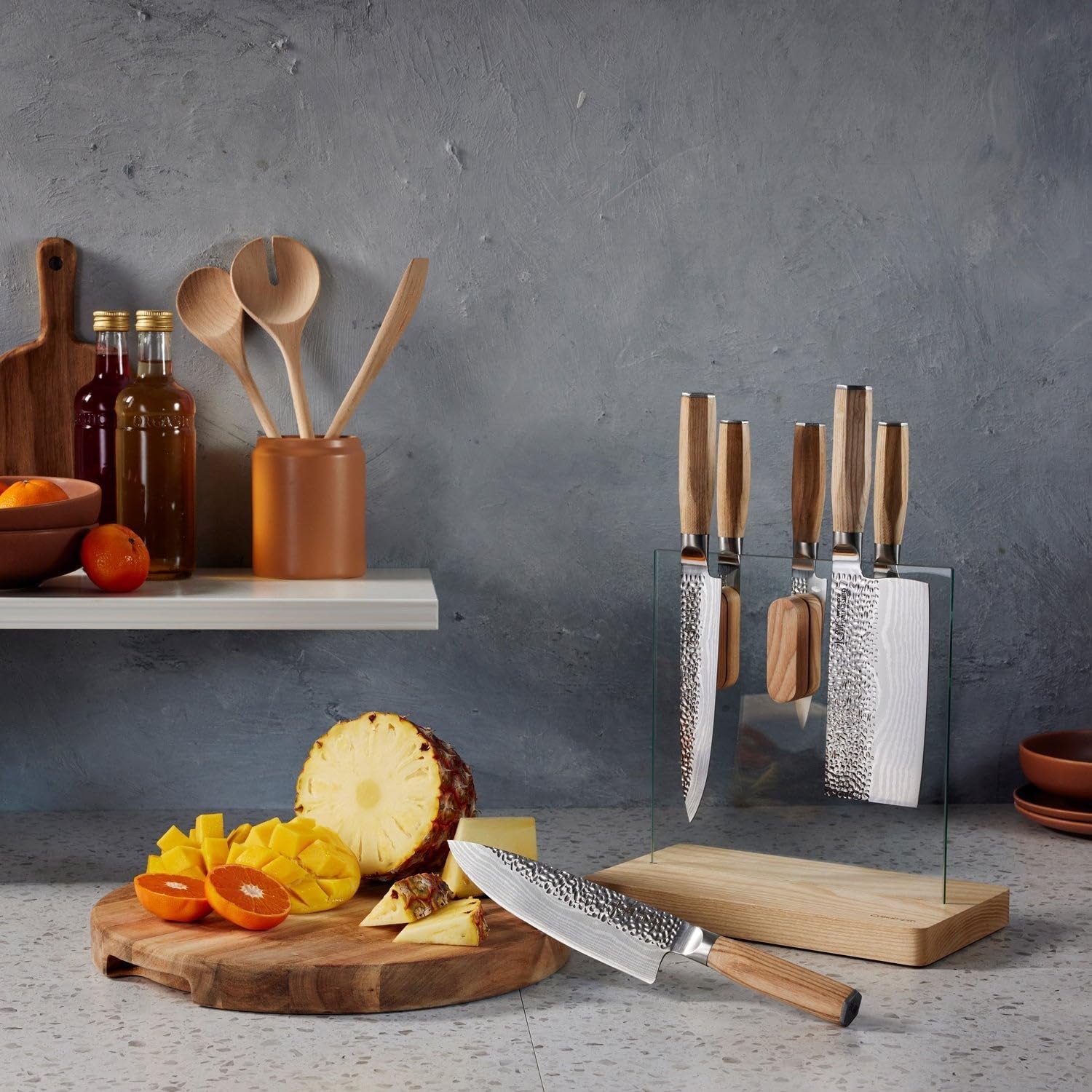 Damashiro Emperor Knife Block (Hikari, 7 Piece Set) - Premium Japanese Steel Knife Set with Tempered Glass - Magnetic Knife Holder - Professional Knife Set in Damascus Design