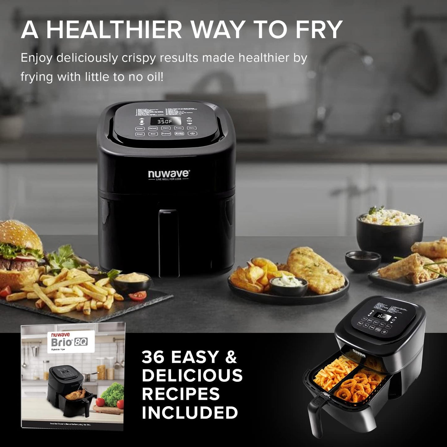 Brio 8-Qt Air Fryer, Powerful 1800W, Easy-To-Read Cool White Display, 50°-400°F Temp Controls, 100 Pre-Programmed Presets & 50 Memory Slots, Integrated Smart Thermometer, Linear T Technology