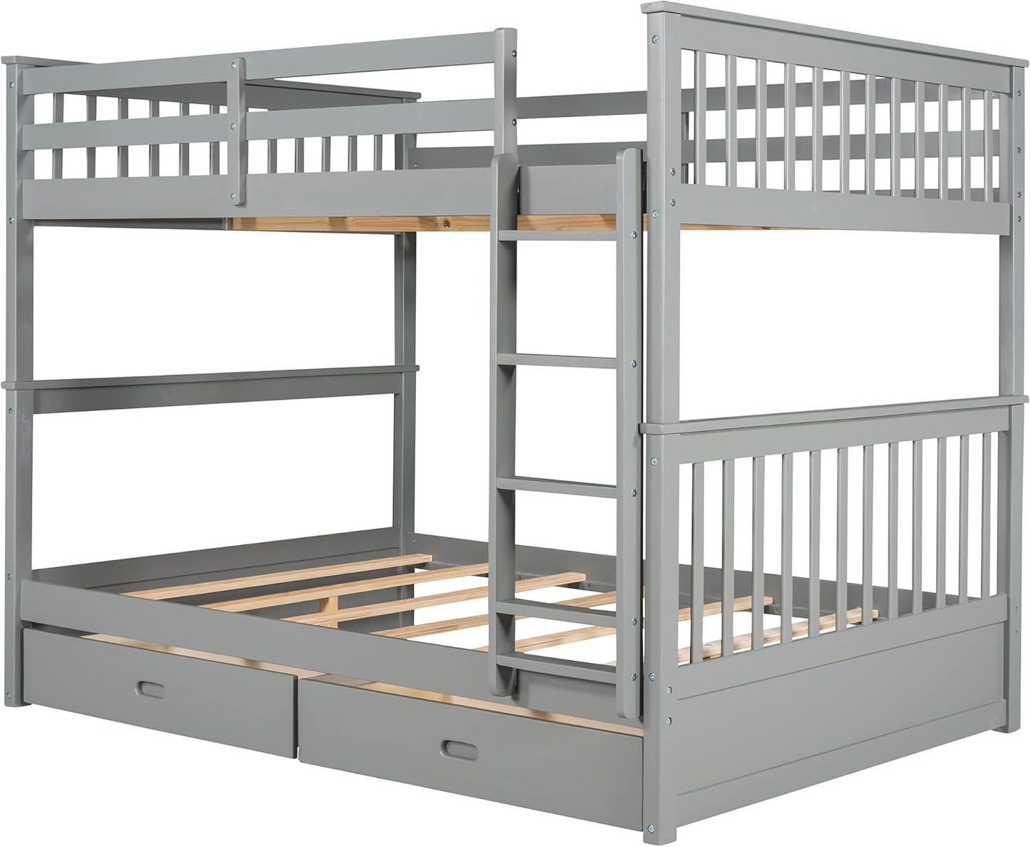 Wood Bunk Bed with Drawers,Convertible Wood Bunk Bed with Ladders and Two Storage Drawers,Solid Wood Detachable Bunk Bed Frame with Ladders,Full over Full,Grey