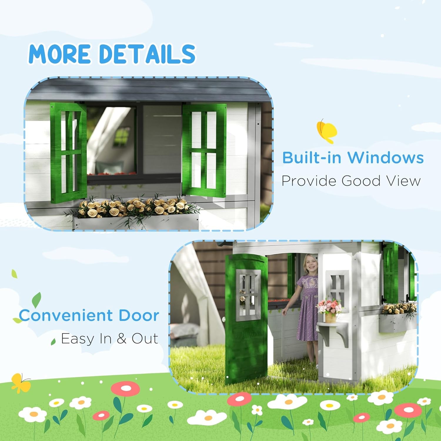 Outdoor Kids Playhouse, Wooden Playhouse with Doors, Windows, Planter Pots and Boxes for Toddlers 3-8 Years, Cottage Play House for Backyard, DIY Chicken Coop, White