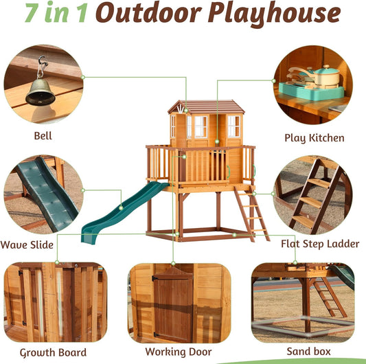 Kids Outdoor Playhouse, Cedar Wooden Outdoor Play House with Growth Chart,Interactive Play Kitchen,Wave Slide,Installation Manual and Videos Included