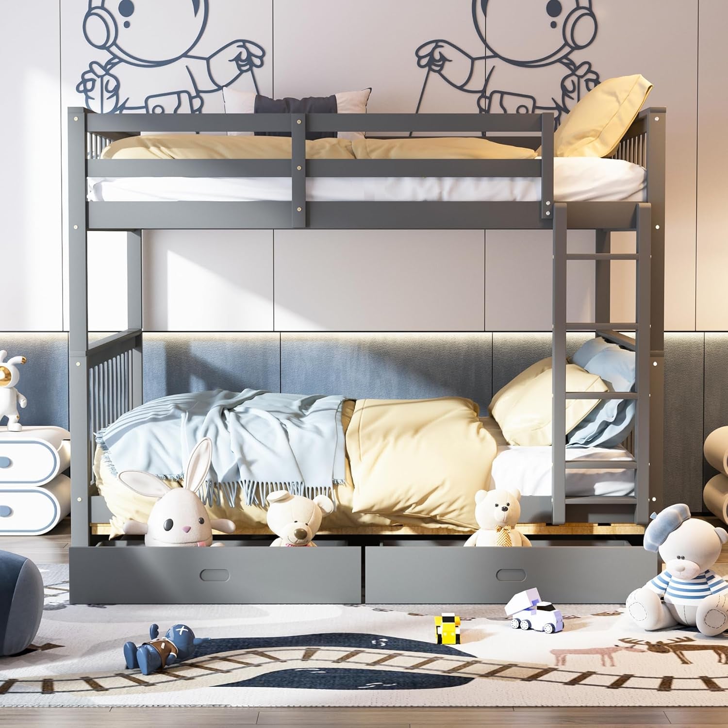 Wood Bunk Bed with Drawers,Convertible Wood Bunk Bed with Ladders and Two Storage Drawers,Solid Wood Detachable Bunk Bed Frame with Ladders,Full over Full,Grey