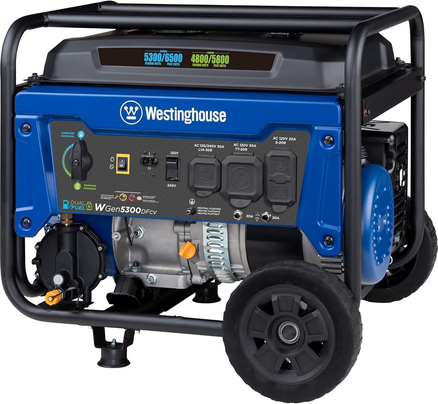 6500 Watt Dual Fuel Home Backup Portable Generator, Transfer Switch Ready 30A Outlet, RV Ready 30A Outlet, CO Sensor