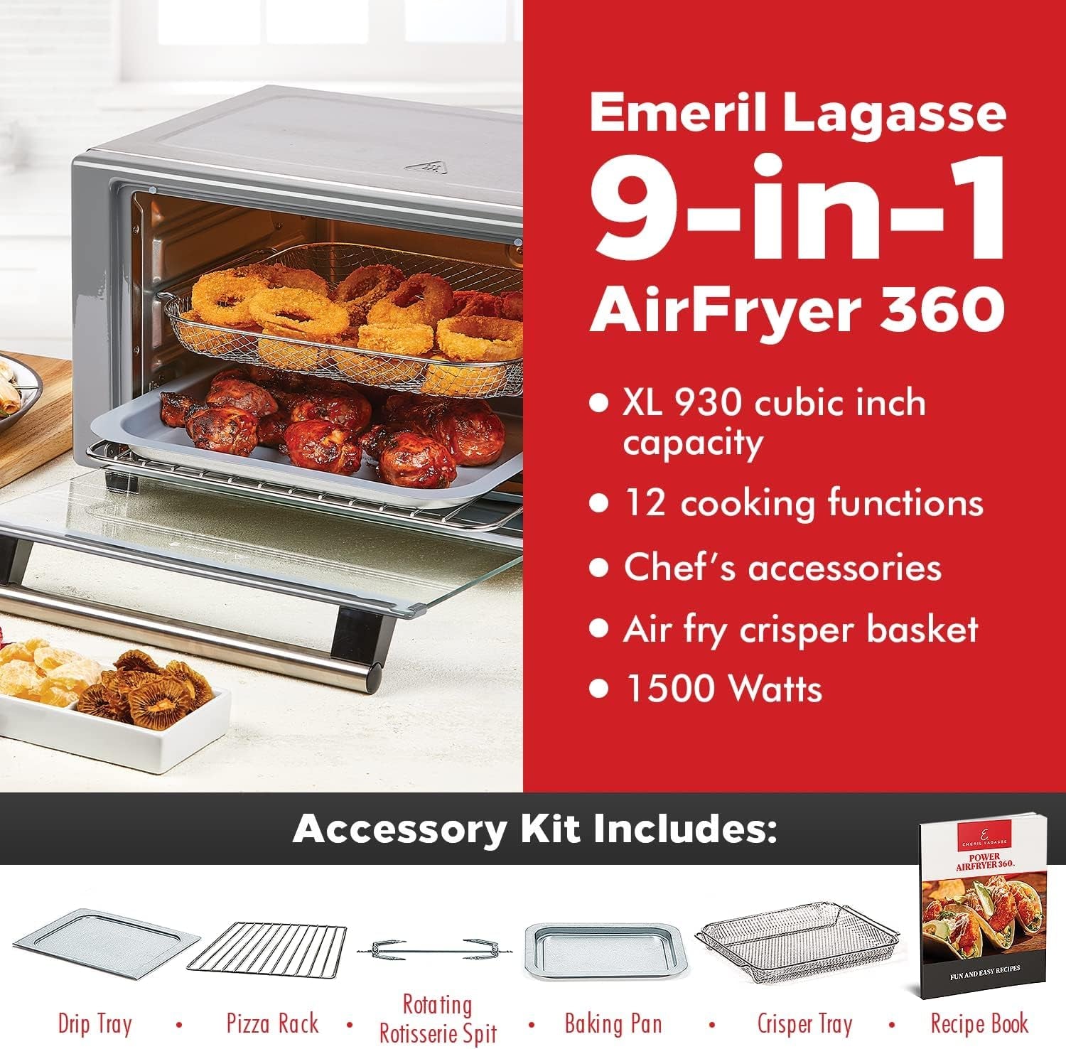 Everyday 360 Stainless Steel Air Fryer, 360° Quick Cook Technology, XL Capacity, 9-In-1, 12 Pre-Set Cooking Functions Including Bake, Rotisserie, Broil, Pizza, Slow Cook, Toaster