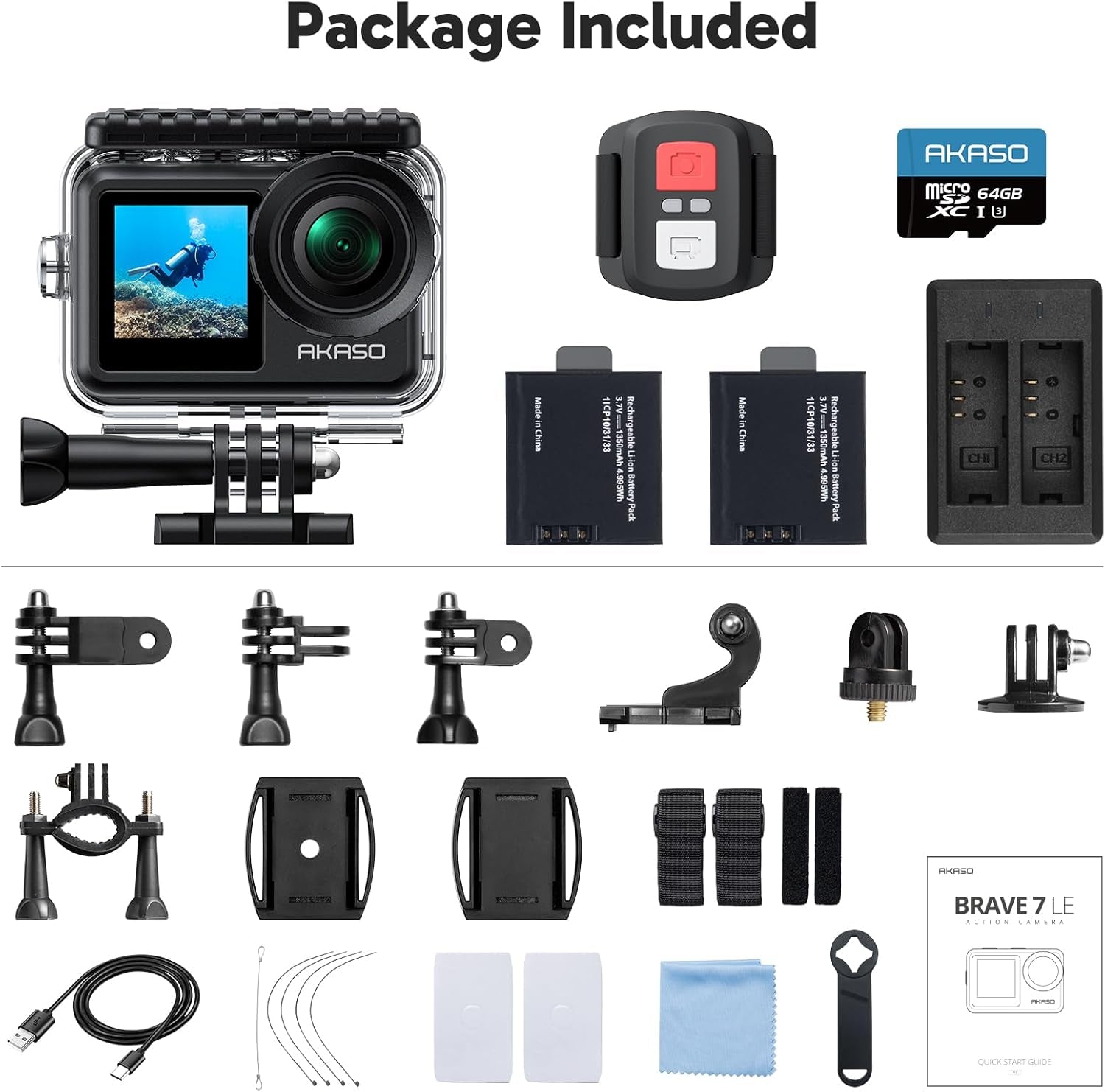 Brave 7 LE 4K30Fps Action Camera with 64GB Microsdxc U3 Memory Card Accessories Kit Bundle Ultra HD 131FT Waterproof Camera EIS 2.0 Wifi Remote Control Zoom Underwater Camera