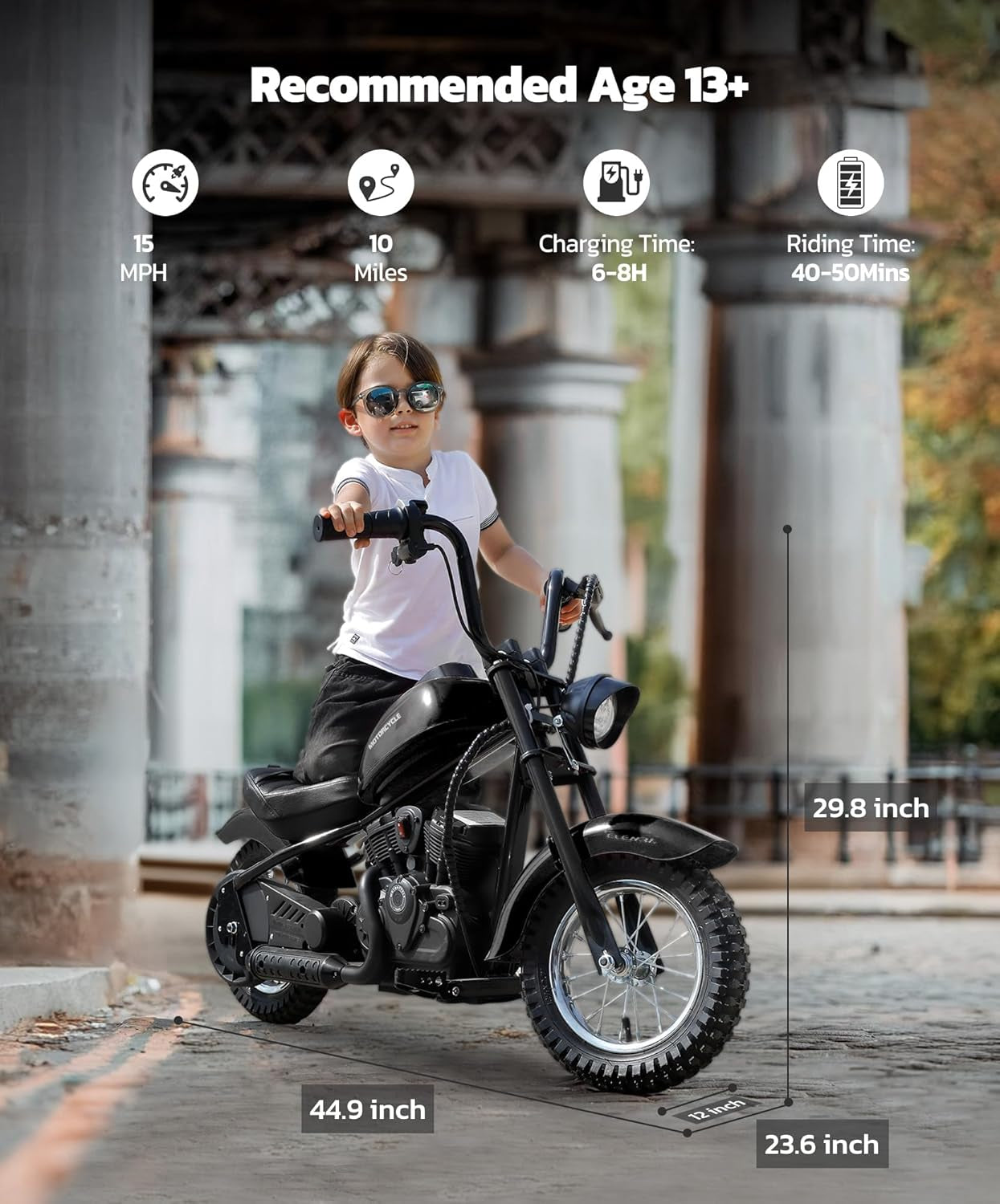 Electric Dirt Bike, 15 Mph & 150Lb Max, 24V Ride on Toy for Big Kids W/Led Lights & Power Display, Chain-Driven Motor, Twist-Grip Throttle, Shock Springs, Handbrake, 12" Air-Filled Tires-Black
