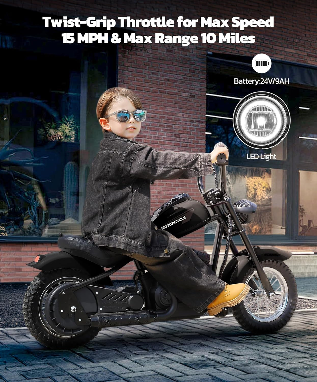 Electric Dirt Bike, 15 Mph & 150Lb Max, 24V Ride on Toy for Big Kids W/Led Lights & Power Display, Chain-Driven Motor, Twist-Grip Throttle, Shock Springs, Handbrake, 12" Air-Filled Tires-Black
