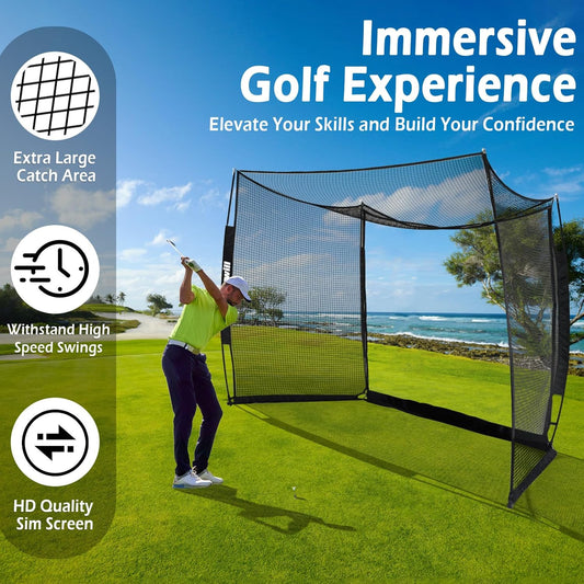 Golf Net with Simulator Impact Screen, 11 FT X 8 FT Golf Practice Hitting Net, HD Blank Impact Screen and Target Cloth for Driving Swing, Home Garage Backyard