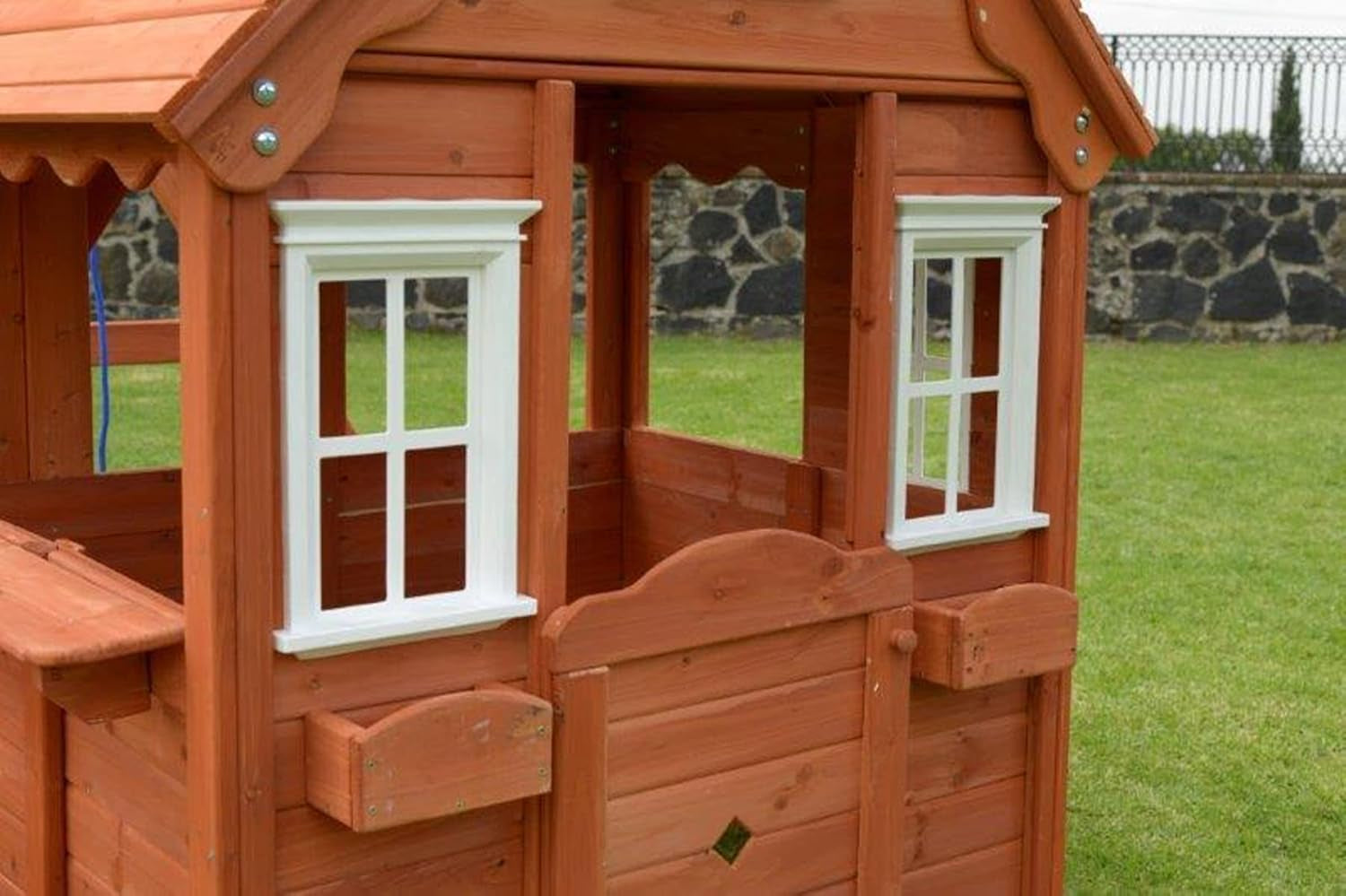 Swing N' Play Wooden Outdoor Backyard Playhouse with Swing, Picnic Bench and Flower Boxes, Brown