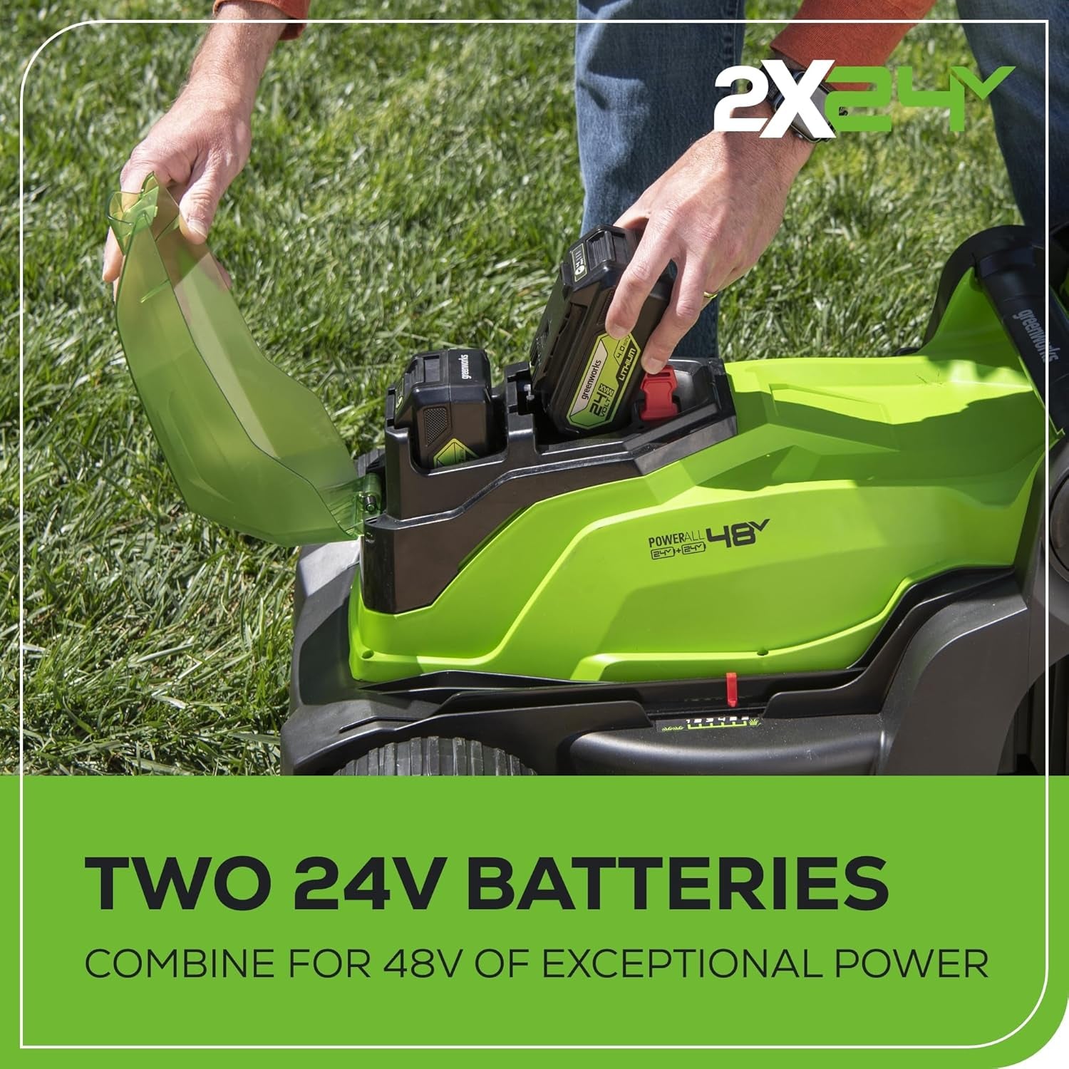 48V (2 X 24V) 17" Cordless (Push) Lawn Mower (125+ Compatible Tools), (2) 4.0Ah Batteries and Dual Port Rapid Charger Included