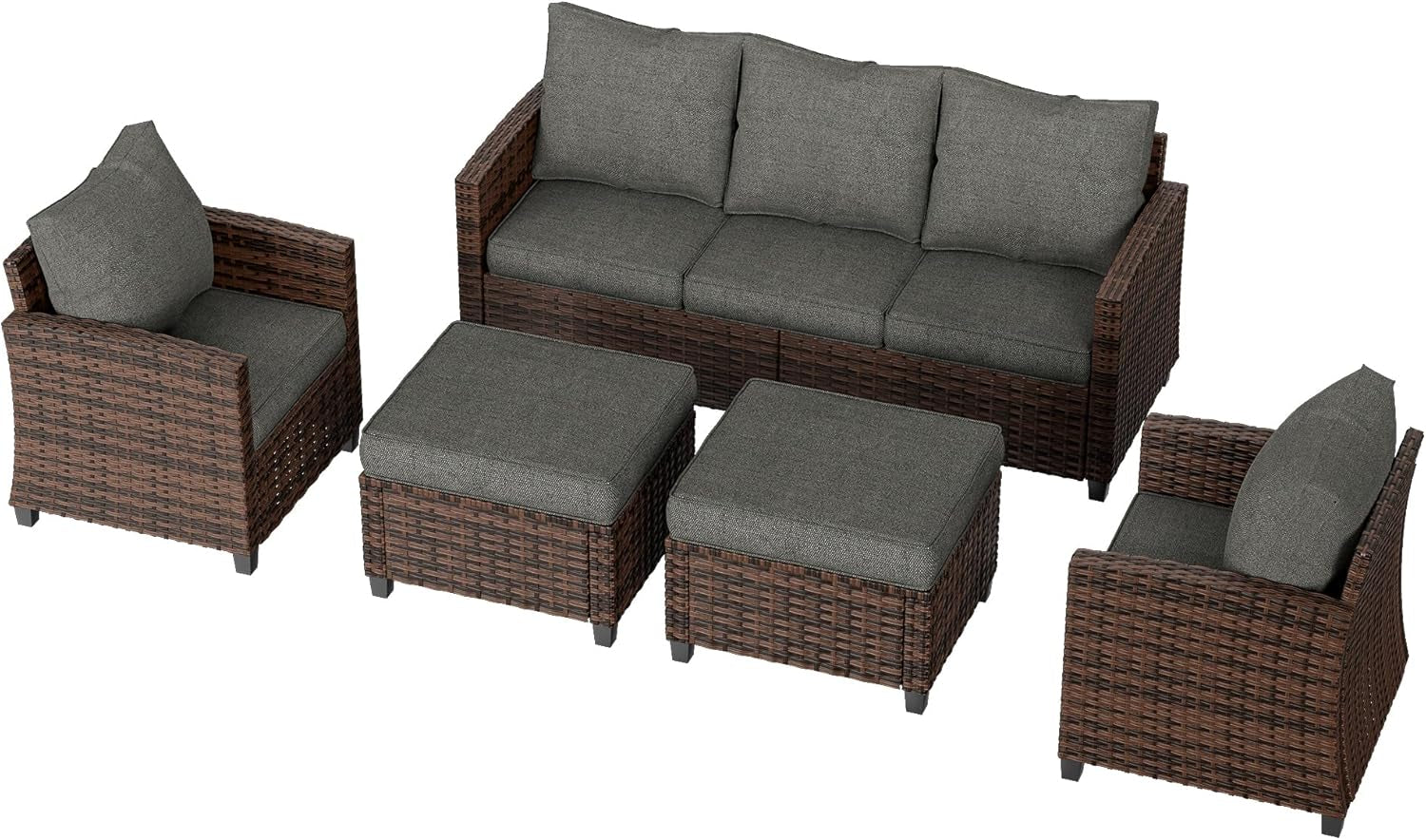Patio Conversation Set, 5 Pieces Outdoor Furniture Set, All-Weather Wicker Rattan High Back Outdoor Sectional Sofa Set with Ottoman for Poolside, Backyard, Brown Wicker Dark Grey Cushions