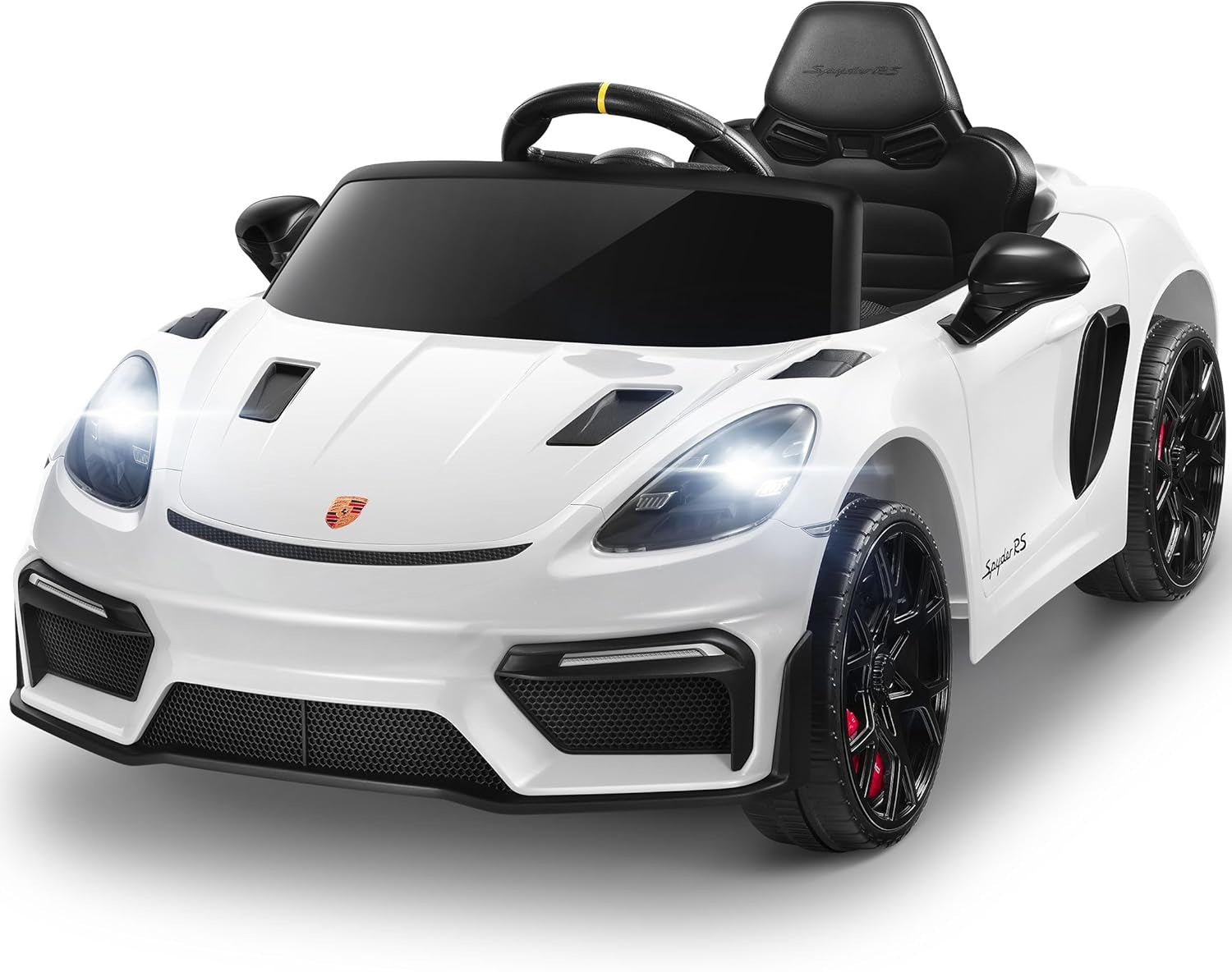 Licensed Porsche 718 Spyder RS Ride-On Electric Car for Kids with Remote Control, 12V Ride on Toys for Toddlers, Electric Power Vehicle W/Trailer Wheels, Bluetooth/Usb/Aux, LED Lights, White