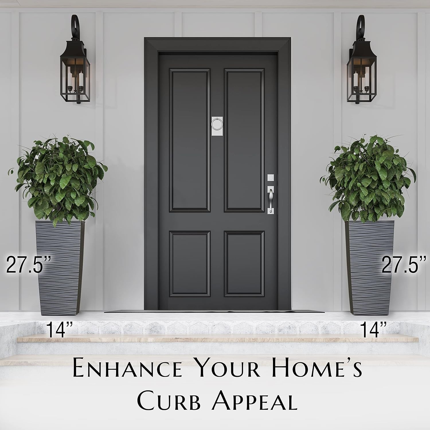 M-Resin Heavy Duty Tall Planters for Outdoor Plants, Indoor Grande Plant Pots, Boxes, Trees, Flower Pots, 2-Piece Set, 27.5”, Modern Design, Built-In Drainage, Front Porch Decor, Dark Grey