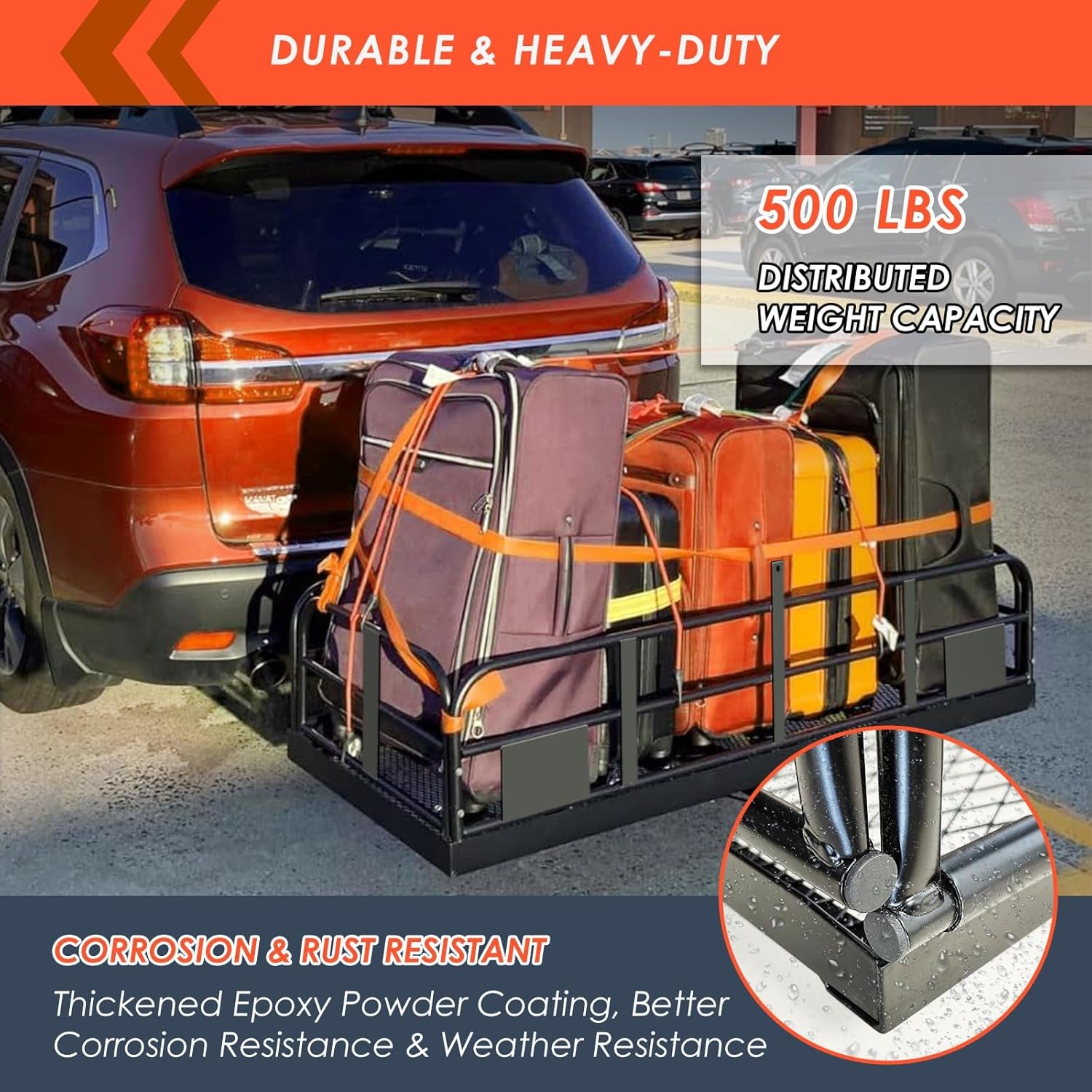 High Rail Trailer Folding Hitch Mount Cargo Carrier Basket 60" X 24" X 14"+Waterproof Cargo Bag 20 Cu Ft(59" 24" 24"), Capacity of 500 Lbs with Hitch Stabilizer, Net, Lock and Straps