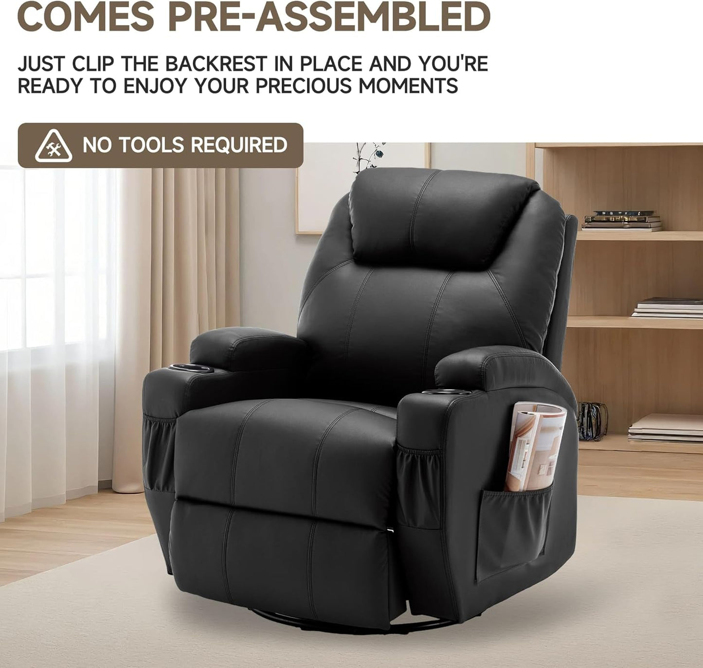 Recliner Chair, Rocking Chair with Massage and Heat, 360° Swivel Recliner Chairs for Adults, Rocker Manual Recliner with Remote Control and Cup Holder for Living Room, Bedroom, Nursery